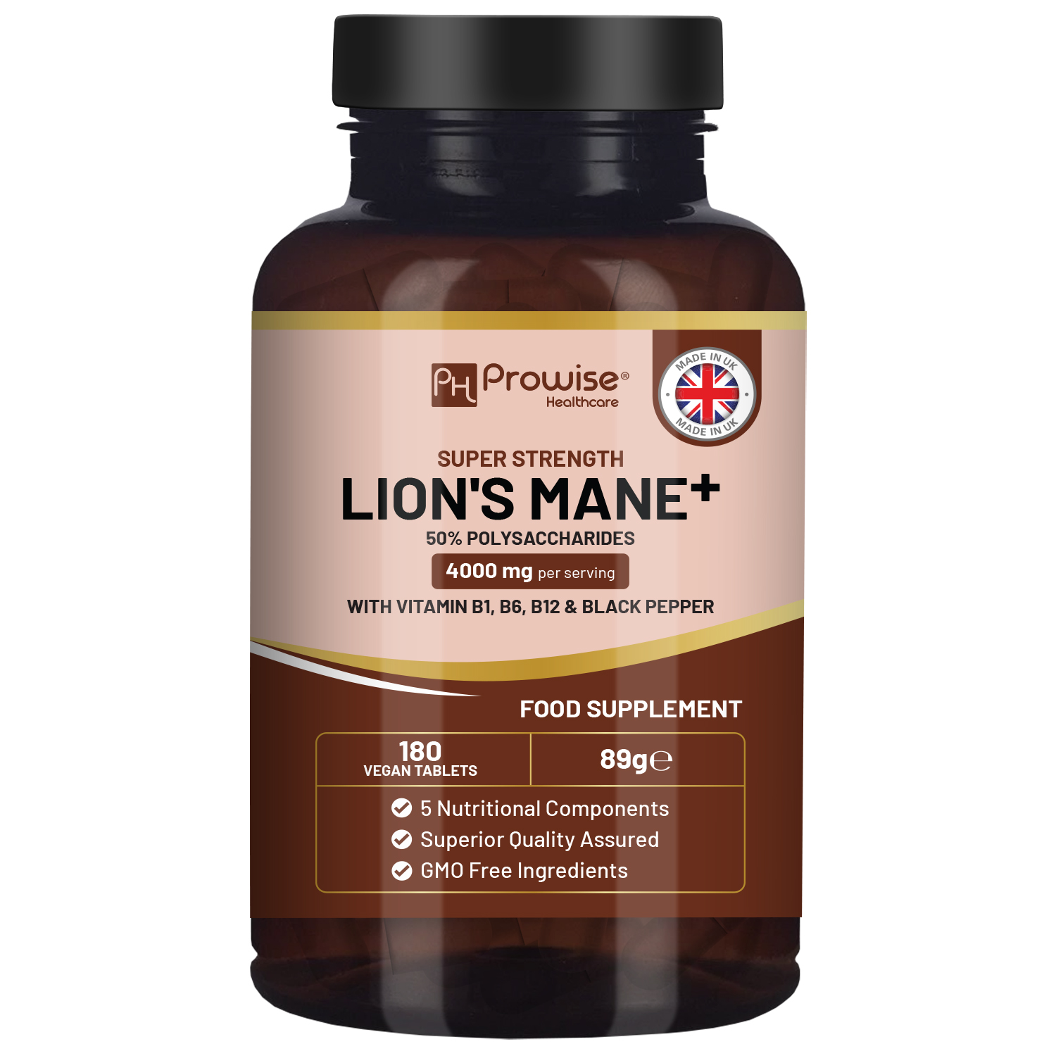 Prowise Healthcare Lion's Mane Mushroom Supplement 4000mg - 15:1 Extract with Vitamins B1, B6, B12 & Black Pepper