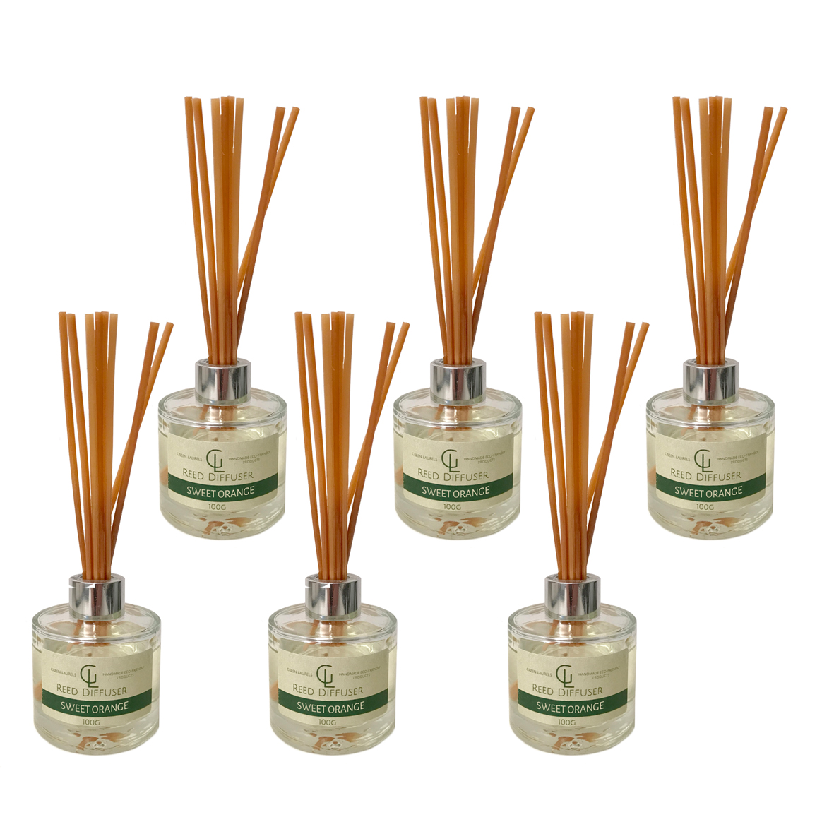 Green Laurels Luxury Reed Diffusers - 100ml Sweet Orange Oil-Based Fragrance Set (6 Pack)