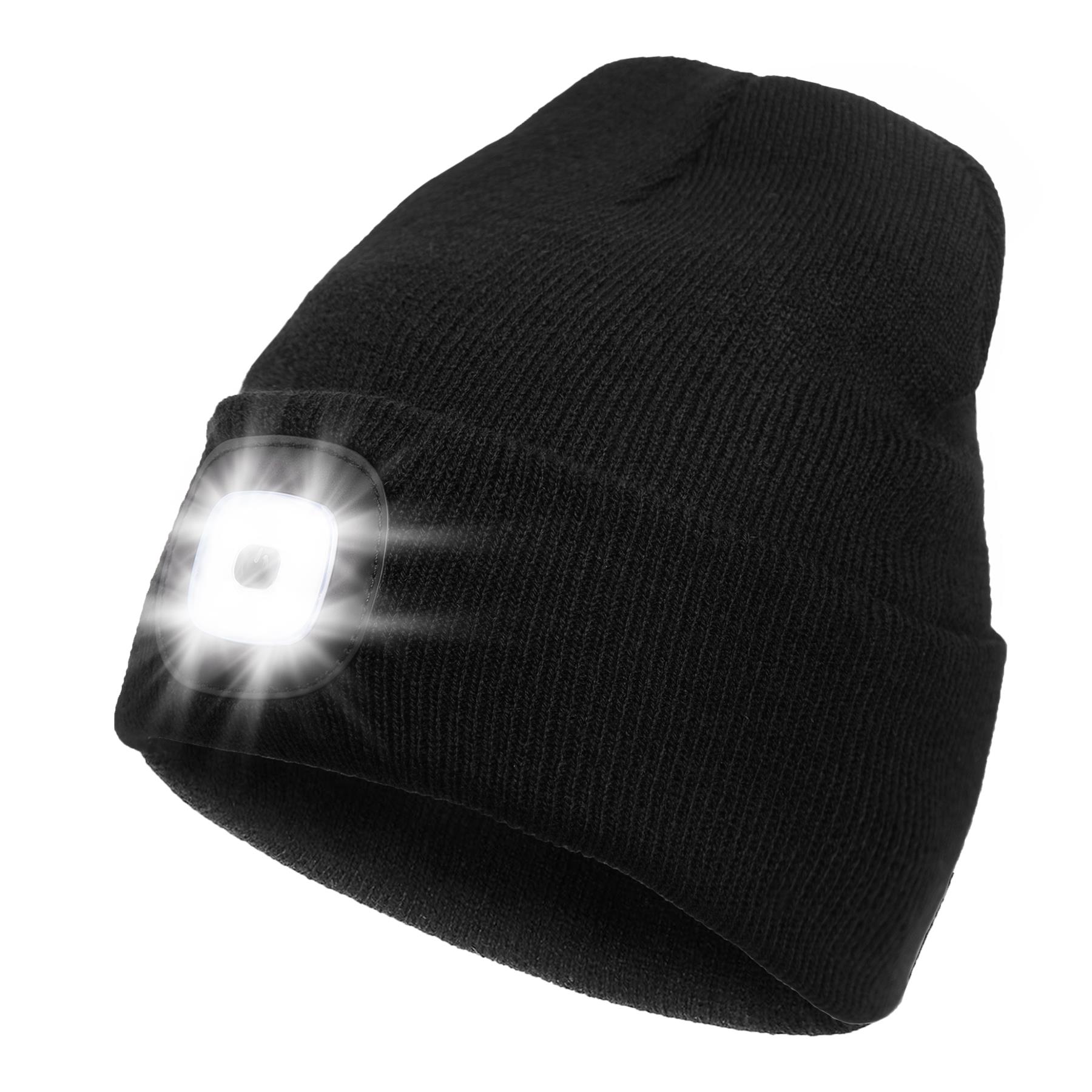 Knit Beanie Hat with 4 Integrated LED Lights - Hands-Free Warm Cap for Camping, Hunting, Fishing