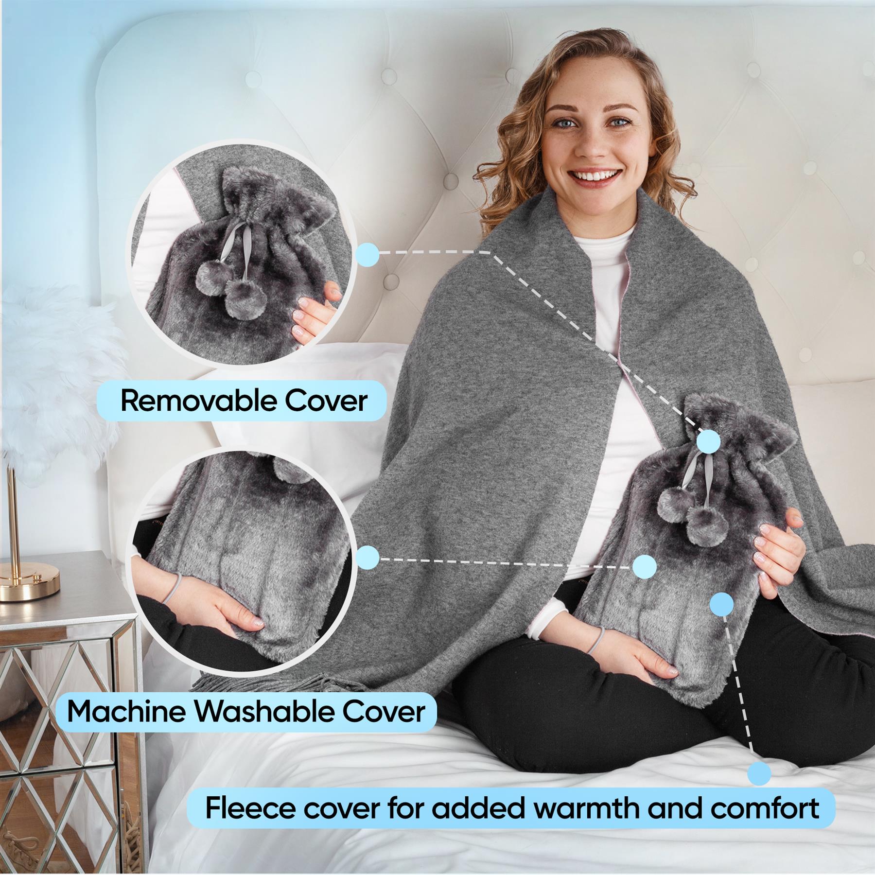 Fluffy Pom Pom Hot Water Bottle 2l - Grey