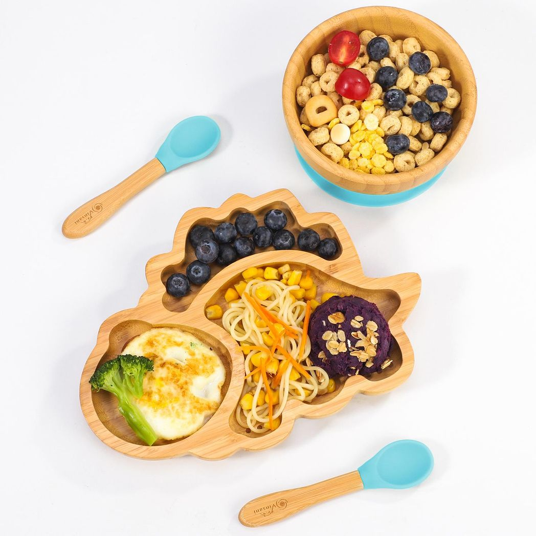 Vinsani Bamboo Dinosaur Plate,Bowl & Spoon Set Blue 1010205