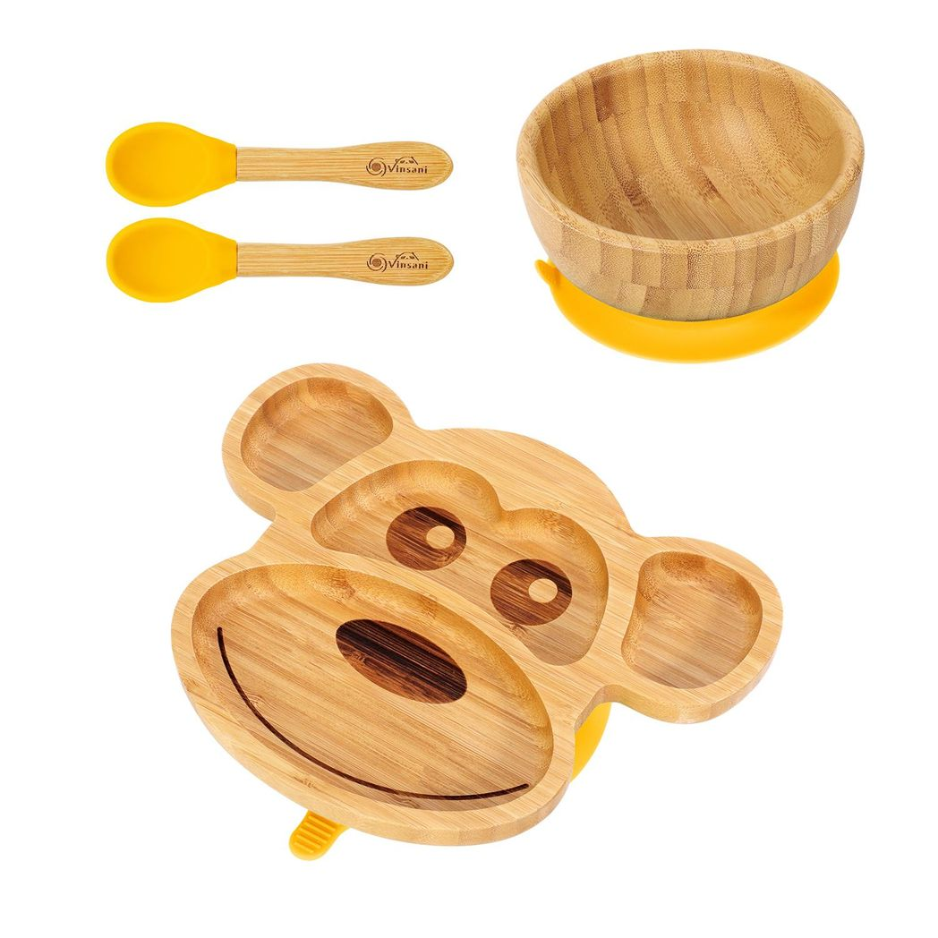 VINSANI Bamboo Kids Plate, Bowl & Spoon Set - 4-Section Suction Dining Solution - Picture 6 of 16