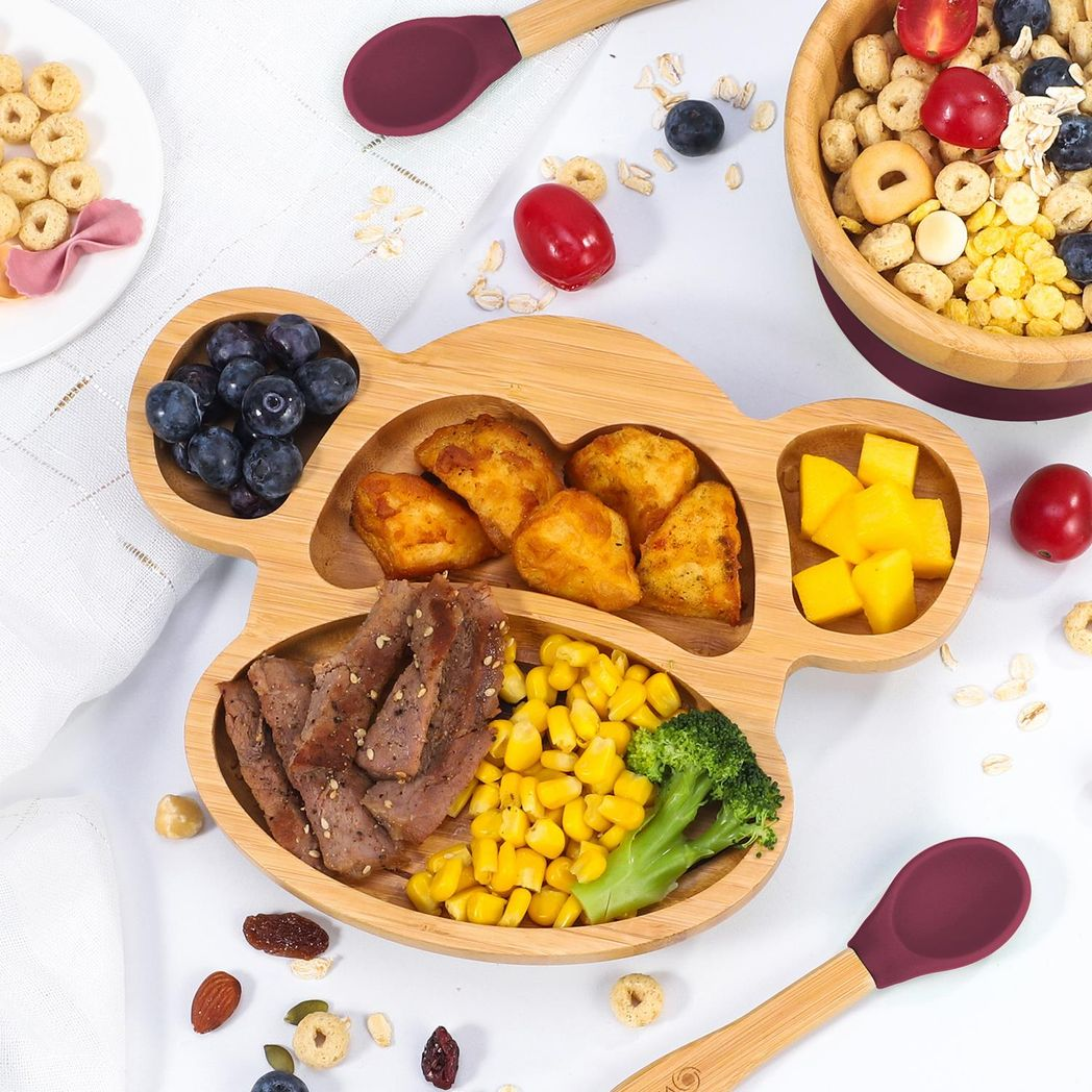 VINSANI Bamboo Kids Plate, Bowl & Spoon Set - 4-Section Suction Dining Solution - Picture 11 of 16