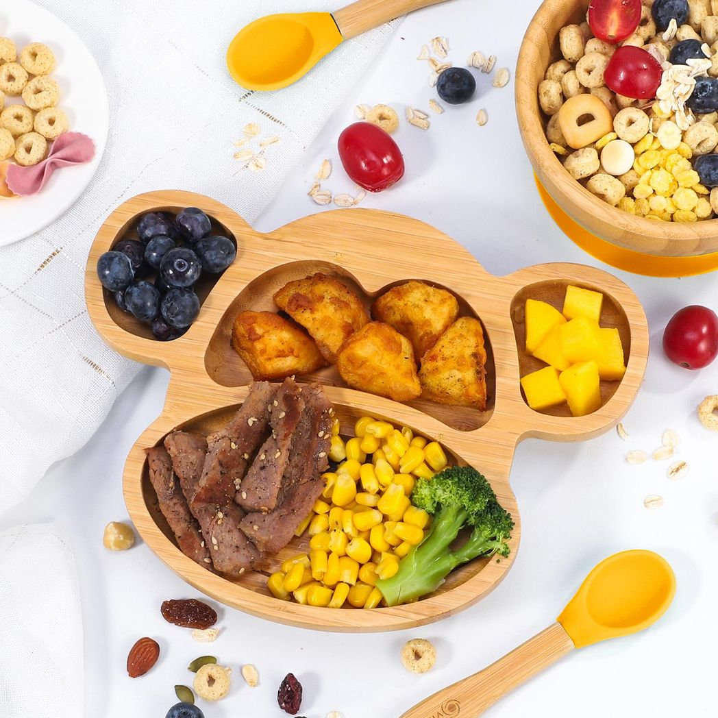 VINSANI Bamboo Kids Plate, Bowl & Spoon Set - 4-Section Suction Dining Solution - Picture 8 of 16