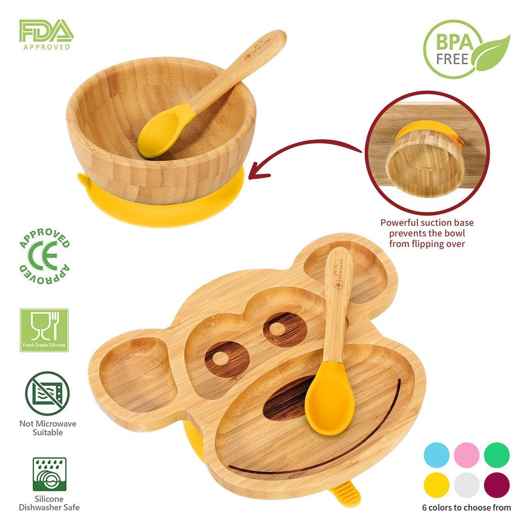 VINSANI Bamboo Kids Plate, Bowl & Spoon Set - 4-Section Suction Dining Solution - Picture 4 of 16