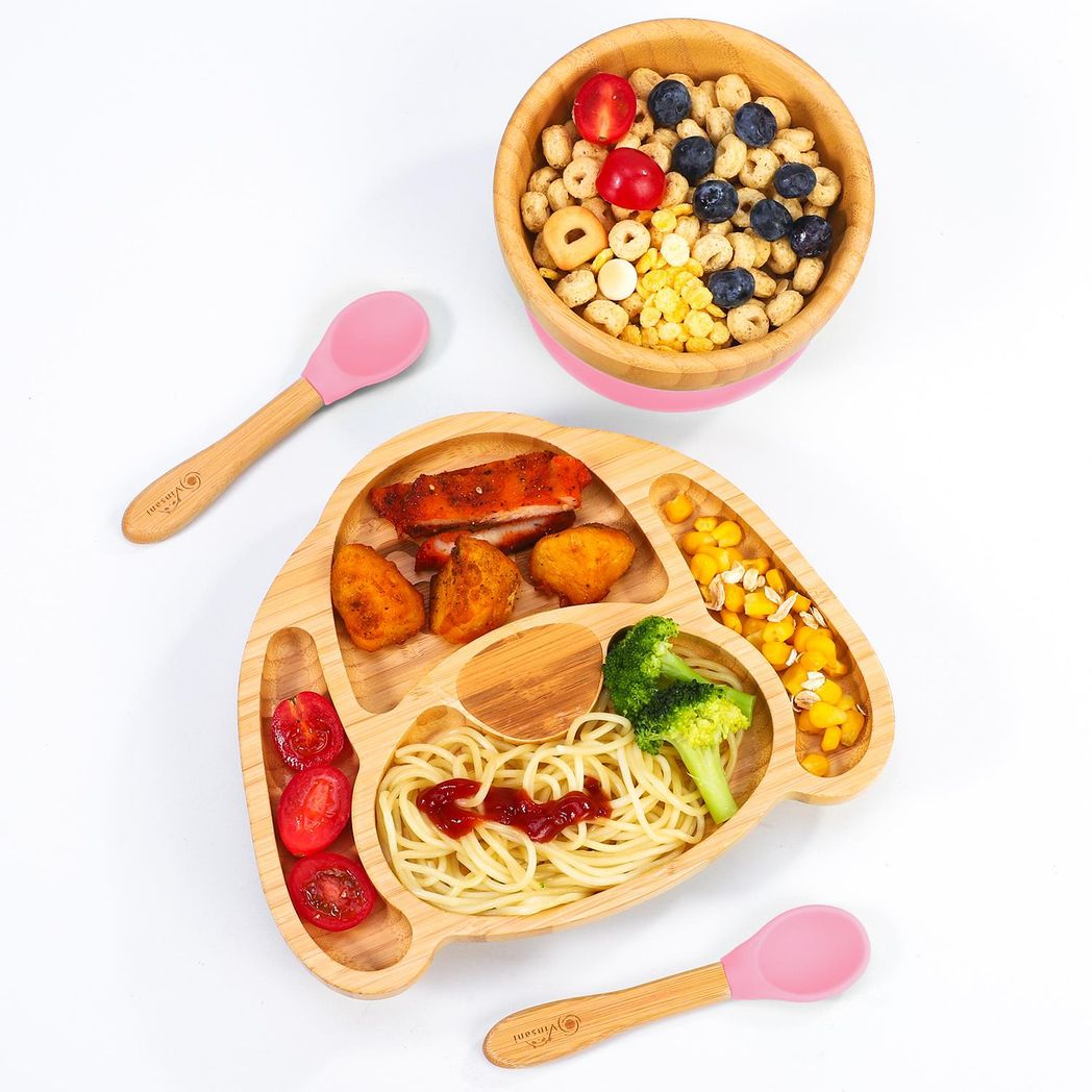 Vinsani Bamboo Dog Plate,Bowl & Spoon Set Pink 1010221