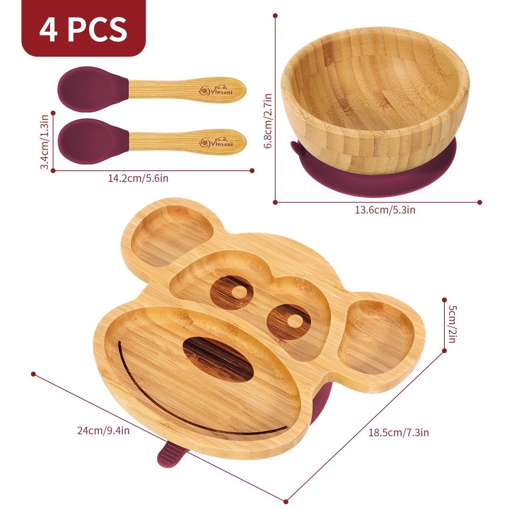 VINSANI Bamboo Kids Plate, Bowl & Spoon Set - 4-Section Suction Dining Solution - Picture 12 of 16