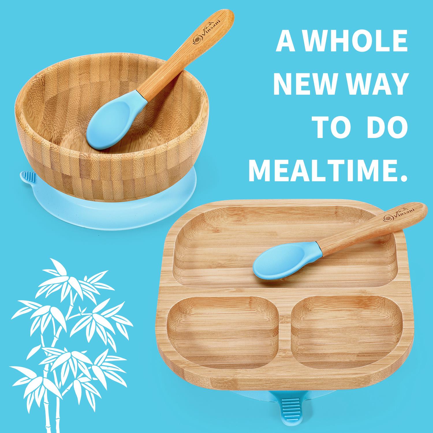 Vinsani Bamboo Bowl, Square Plate & Spoon Set Blue 0000199