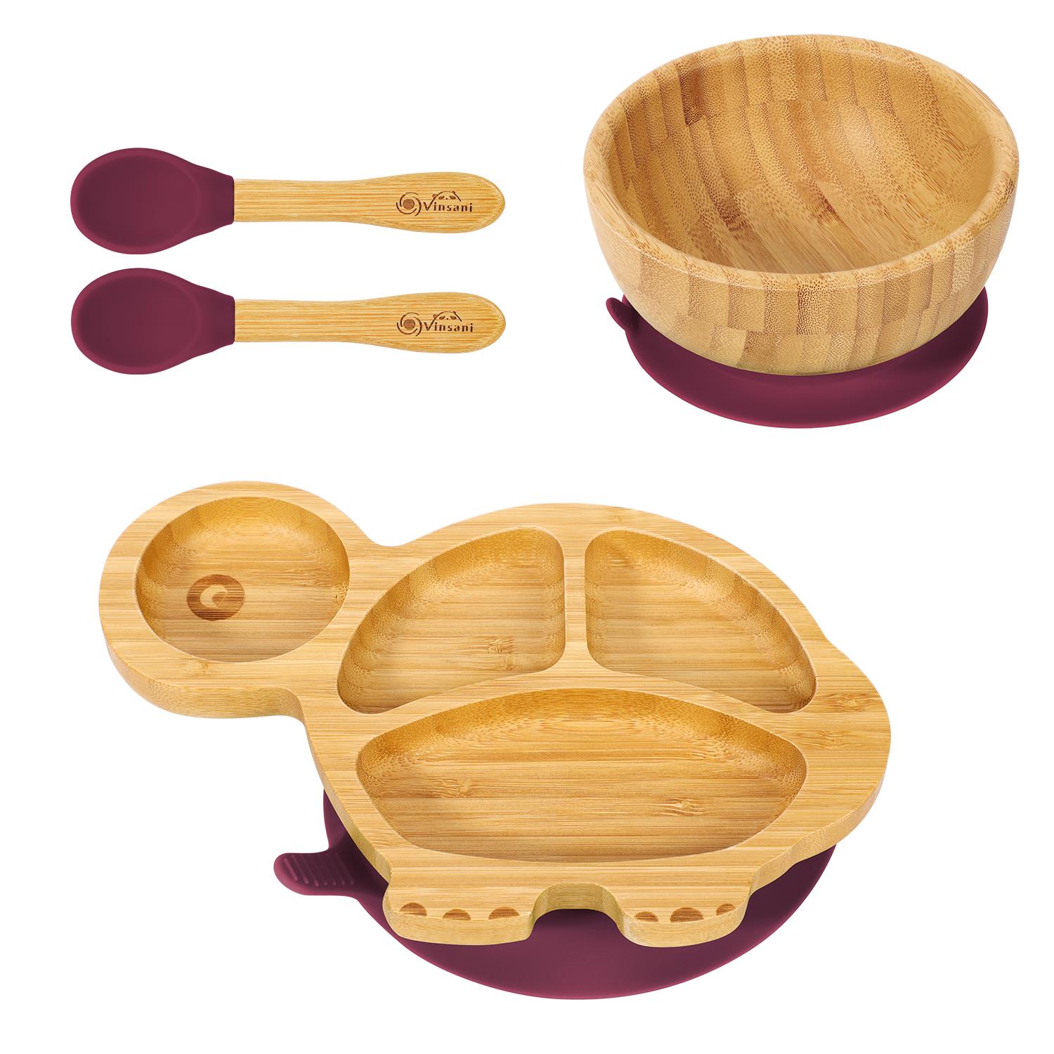 Vinsani Bamboo Turtle Plate Bowl & Spoon Set Suction Bowl Stay-Put Design - Picture 28 of 37
