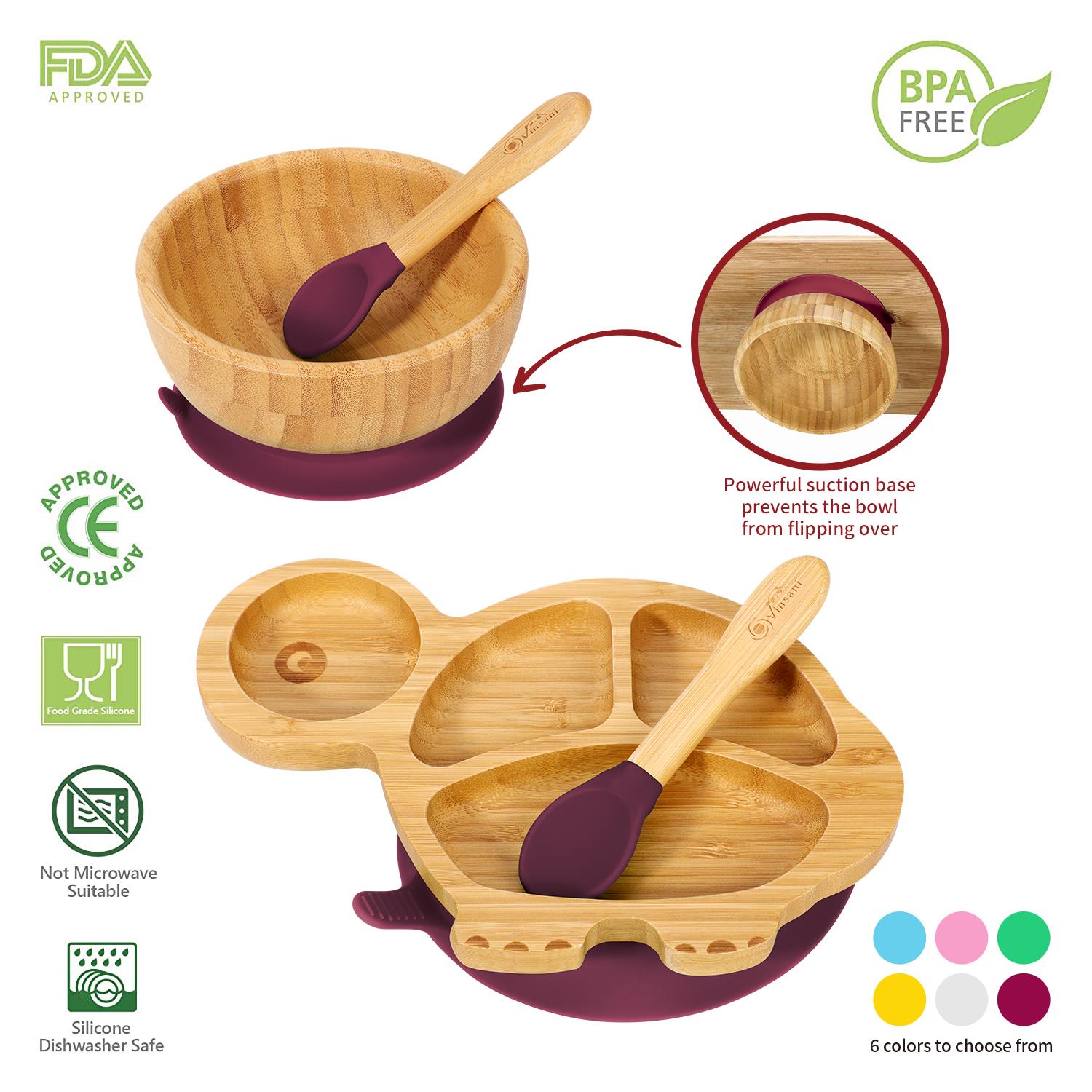 Vinsani Bamboo Turtle Plate Bowl & Spoon Set Suction Bowl Stay-Put Design - Picture 29 of 37