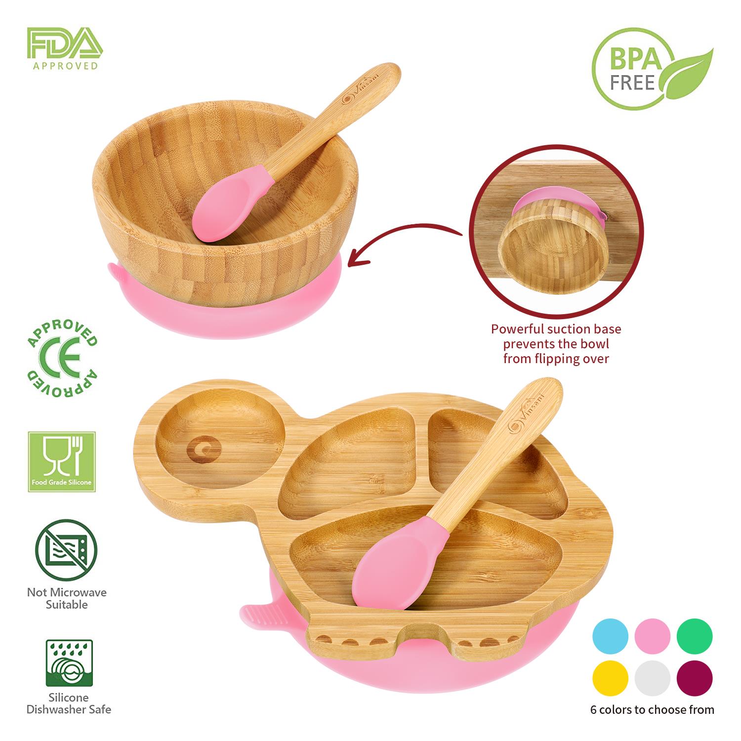 Vinsani Bamboo Turtle Plate Bowl & Spoon Set Suction Bowl Stay-Put Design - Picture 37 of 37