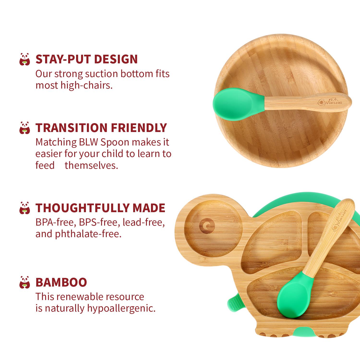 Vinsani Bamboo Turtle Plate Bowl & Spoon Set Suction Bowl Stay-Put Design - Picture 18 of 37