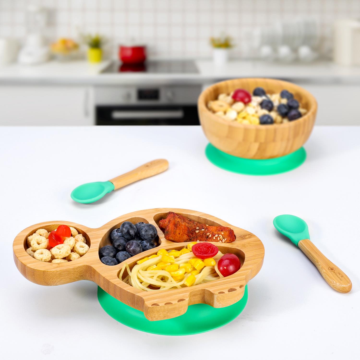 Vinsani Bamboo Turtle Plate Bowl & Spoon Set Suction Bowl Stay-Put Design - Picture 21 of 37