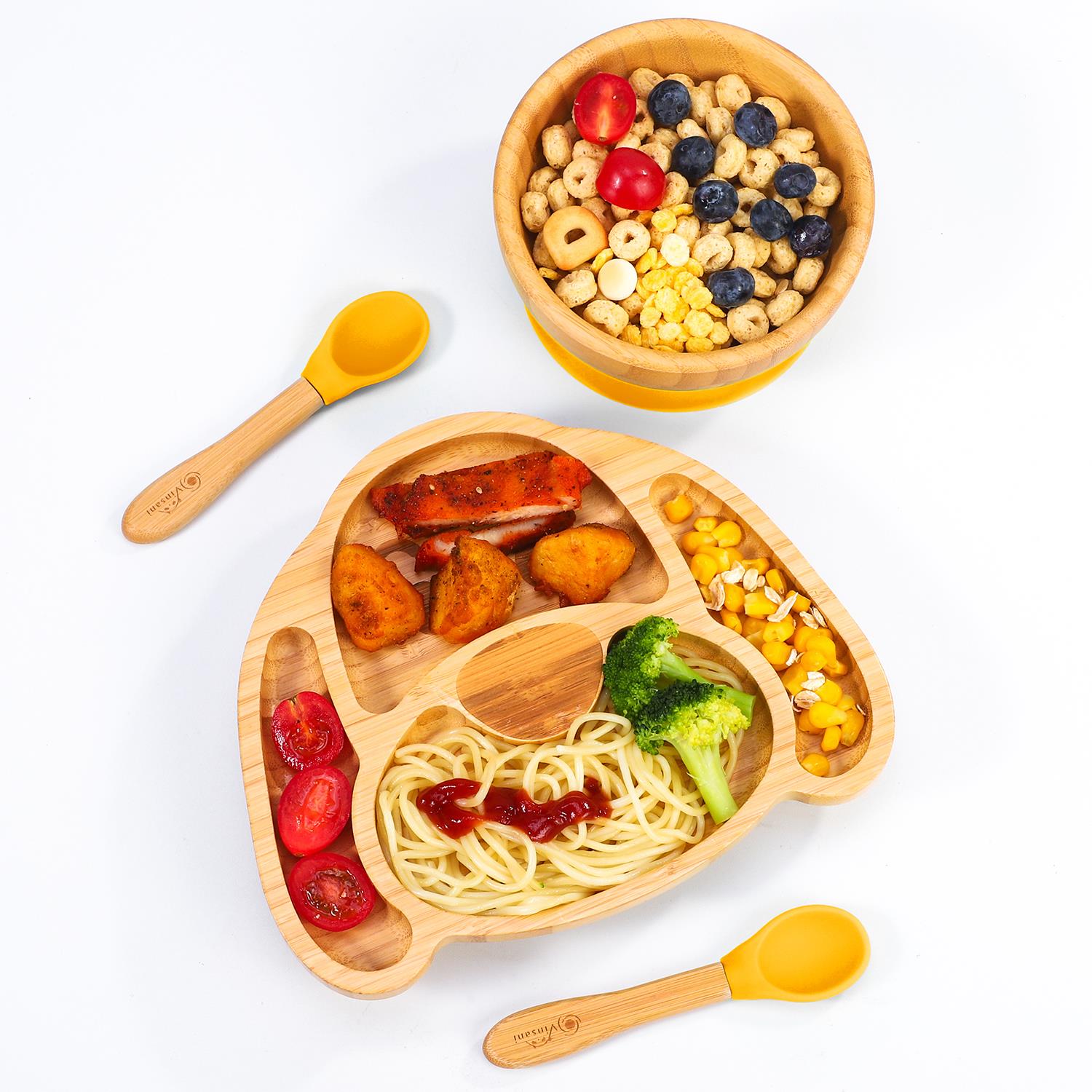 Vinsani Bamboo Dog Plate,Bowl & Spoon Set Yellow 1010220