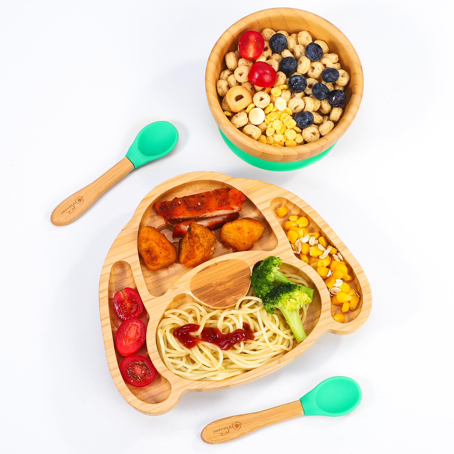 Vinsani Bamboo Dog Plate,Bowl & Spoon Set Green 1010222