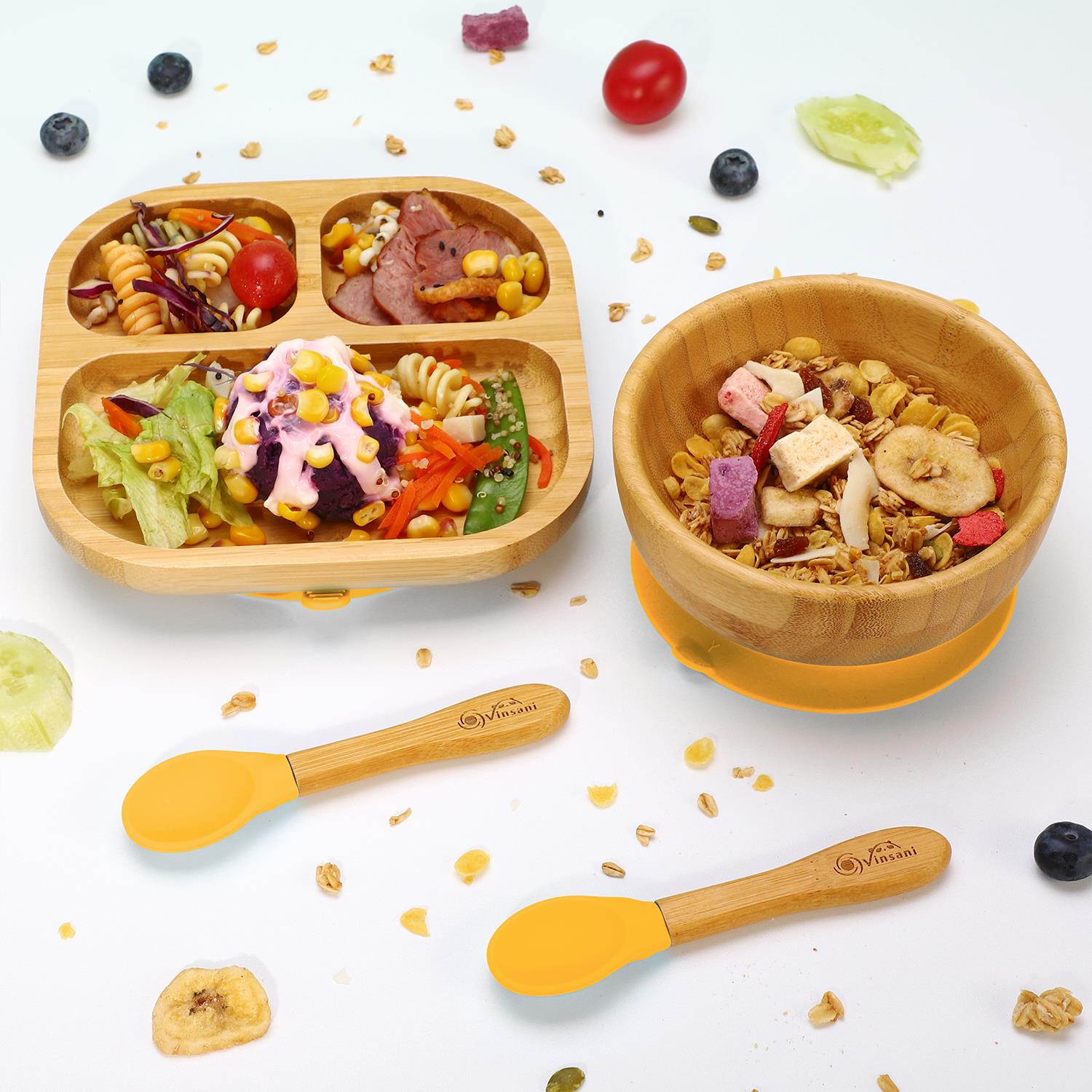 Vinsani Bamboo Bowl, Square Plate & Spoon Set Yellow 0000250