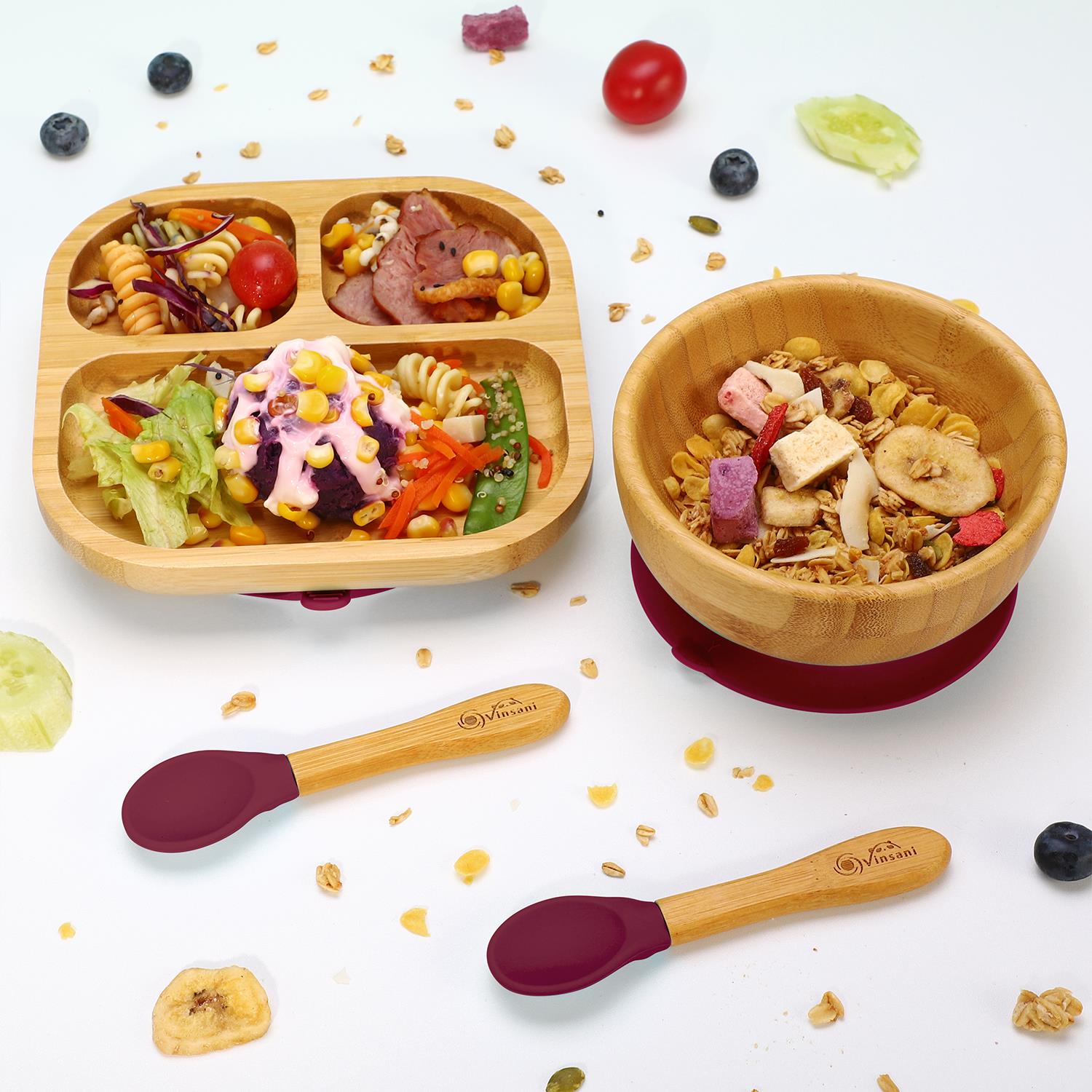 Vinsani Bamboo Bowl, Square Plate & Spoon Set Red 0000252