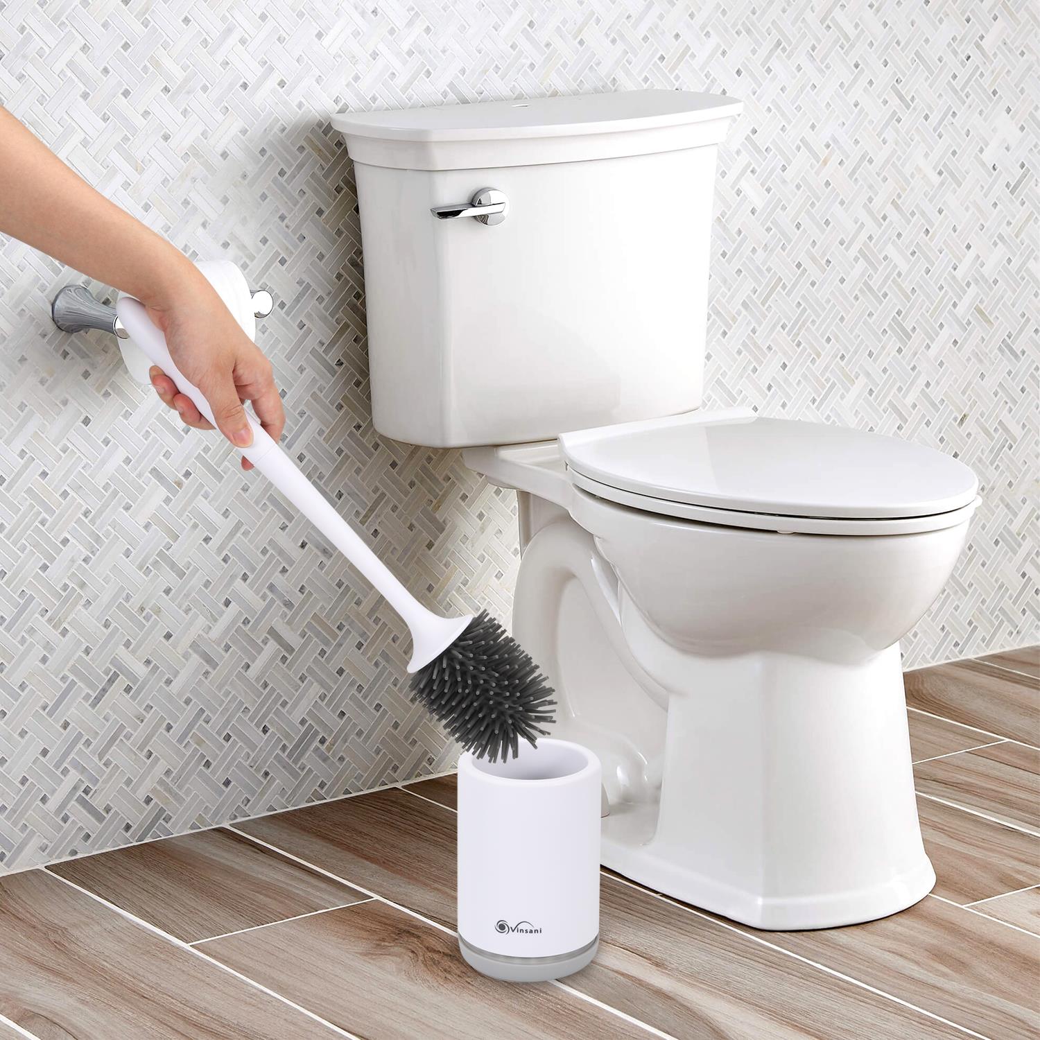 Vinsani Deep Cleaner Toilet Brush With Non-Slip Long Plastic Handle And Flexible Bristles, Rubber Toilet Brush With Quick Drying Holder Set For Bathroom Toilet - Grey - 2 Pack