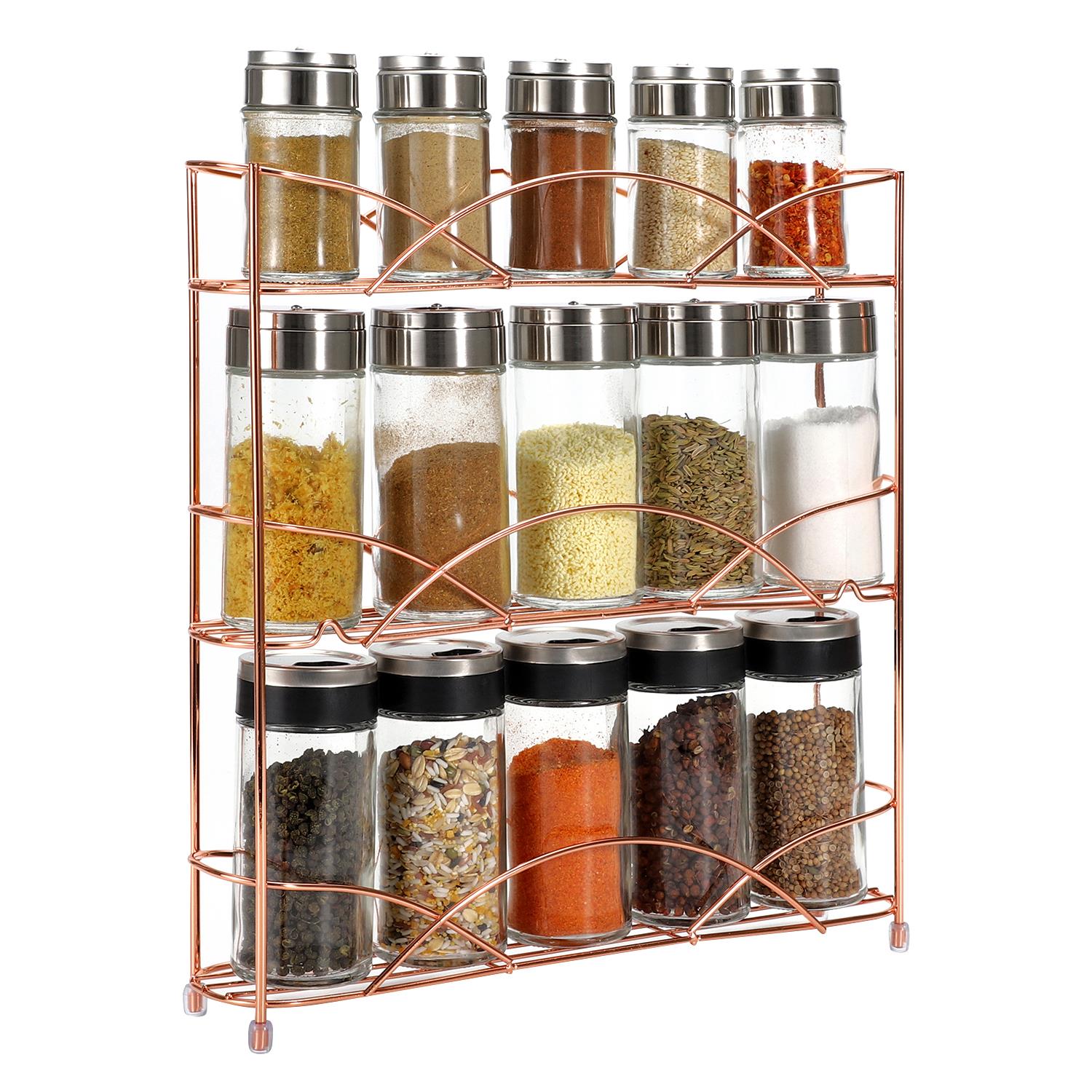 Vinsani Spice Rack 3 Tiers - Kitchen Shelf Organiser For Jars Bottles Space Saving Storage - Free Standing - Rose Gold
