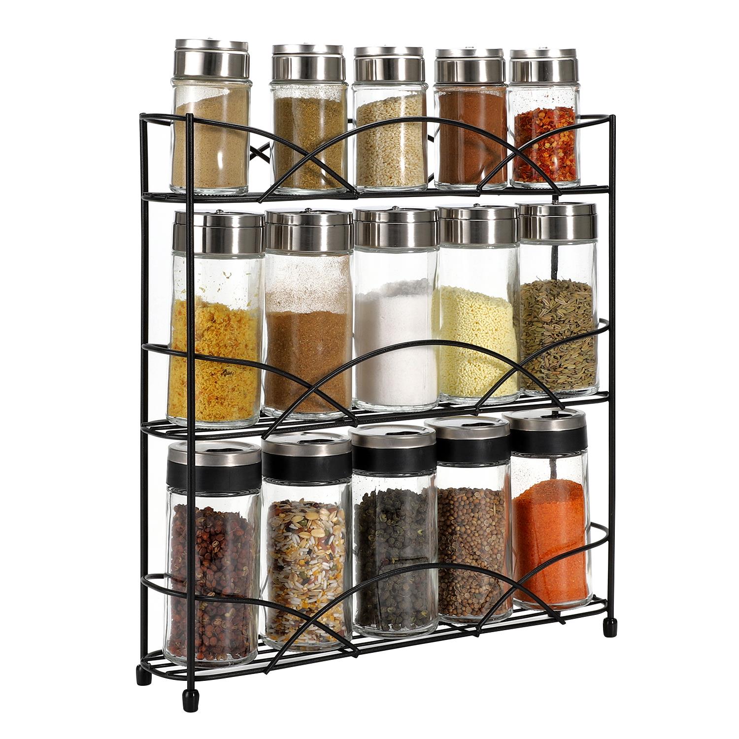 Vinsani Spice Rack 3 Tiers - Kitchen Shelf Organiser For Jars Bottles Space Saving Storage - Free Standing - Black