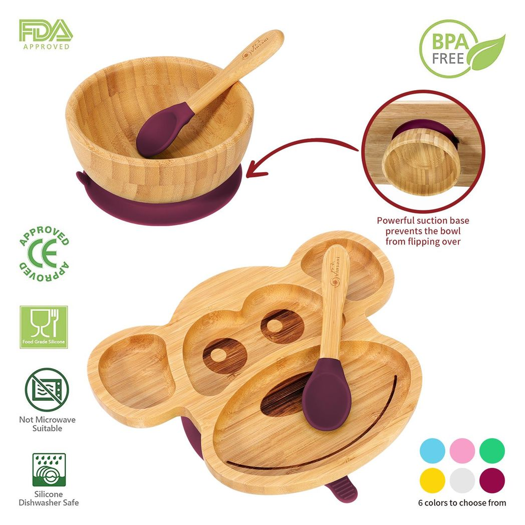 VINSANI Bamboo Kids Plate, Bowl & Spoon Set - 4-Section Suction Dining Solution - Picture 10 of 16