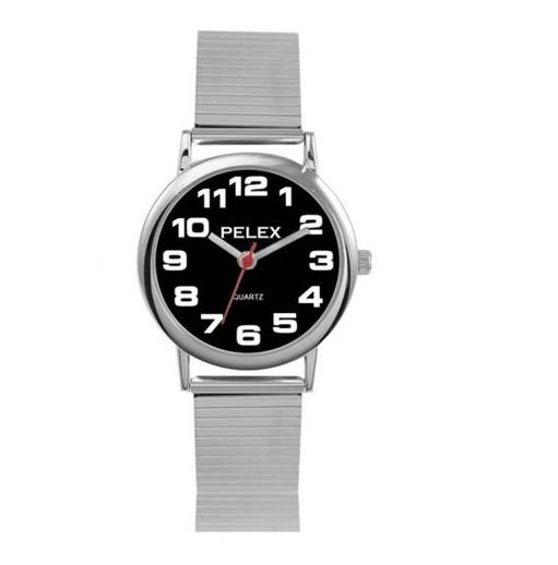 Pelex Mens Basic Black Face With Silver Expandable Bracelet Quartz Watch Plx-0006