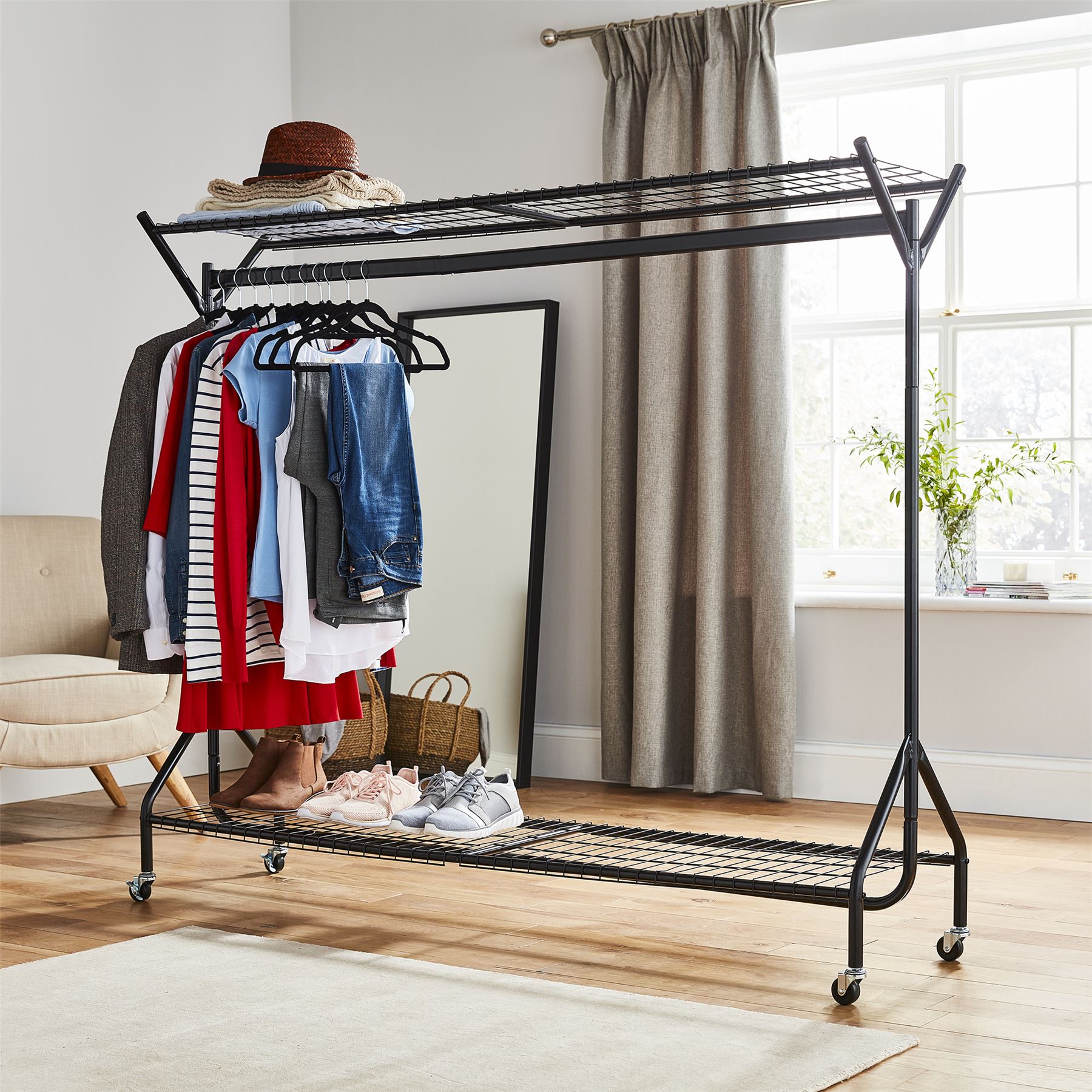 6ft Long X 5ft Black Heavy Duty Hanging Clothes Garment Rail With Shoe Rack Shelf And Hat Stand