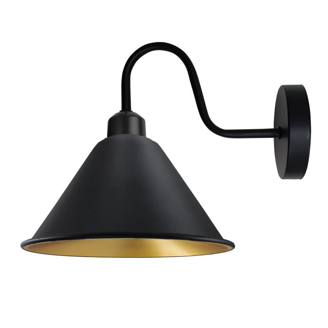 Black Gold Inner Vintage Wall Light Fixture Black Wall Sconce E27 Socket Screw Wall Mounted Swan Neck Cone Shape Shade 