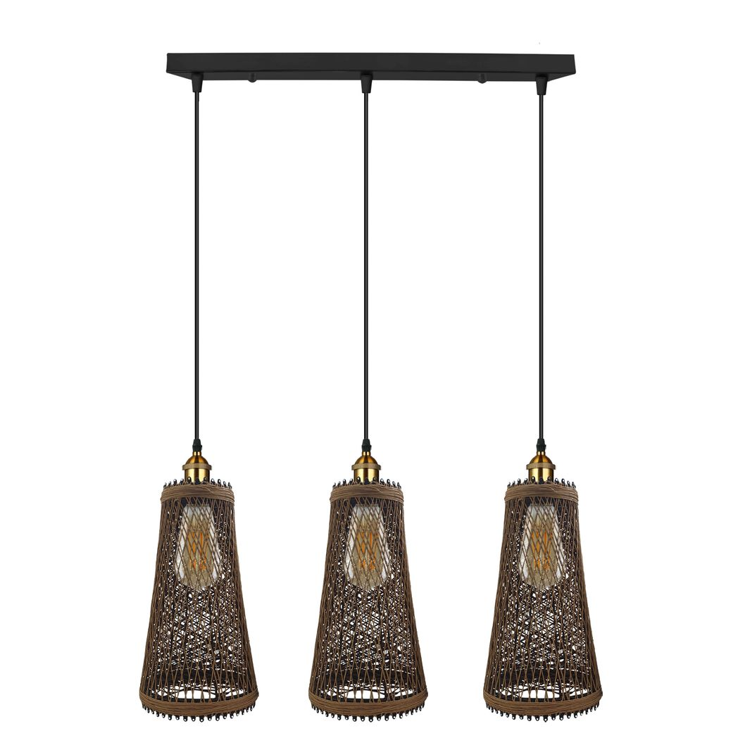 3 Head Natural Wicker Basket Style Retro Industrial Vintage Rattan Ceiling Pendant  