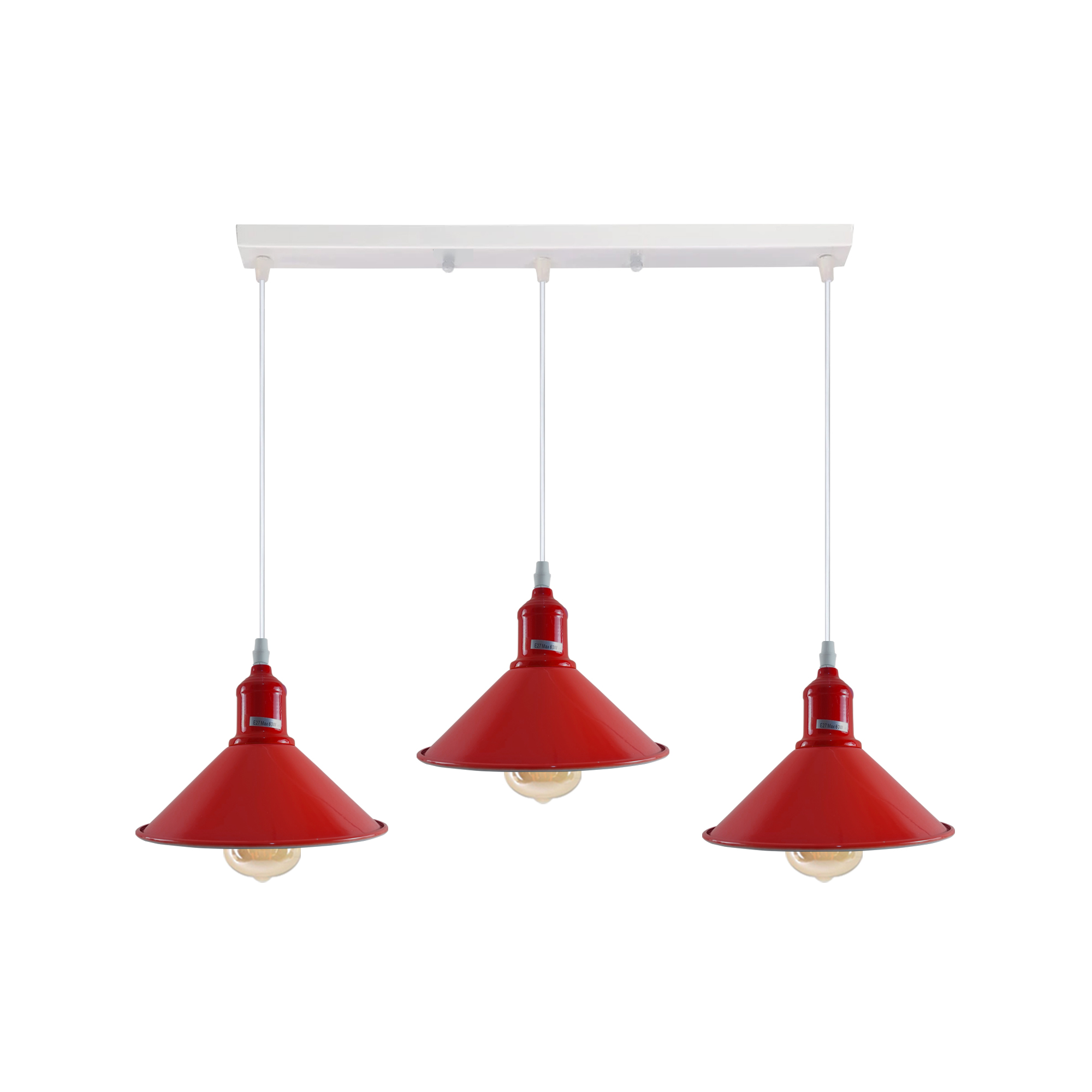 Industrial Vintage Loft Kitchen Bar 3 Lights Fittings Ceiling Cone Metal  E27 Red With Bulb 