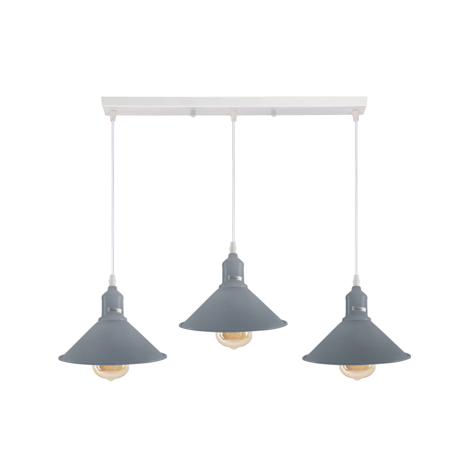Industrial Vintage Loft Kitchen Bar 3 Lights Fittings Ceiling Cone Metal  E27 Grey With Bulb