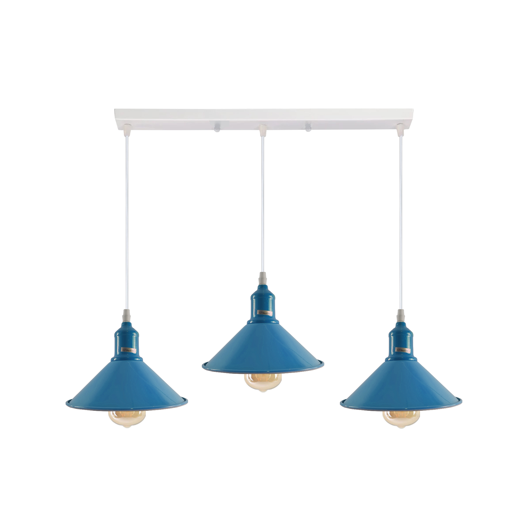 Industrial Vintage Loft Kitchen Bar 3 Lights Fittings Ceiling Cone Metal  E27 Blue With Bulb 
