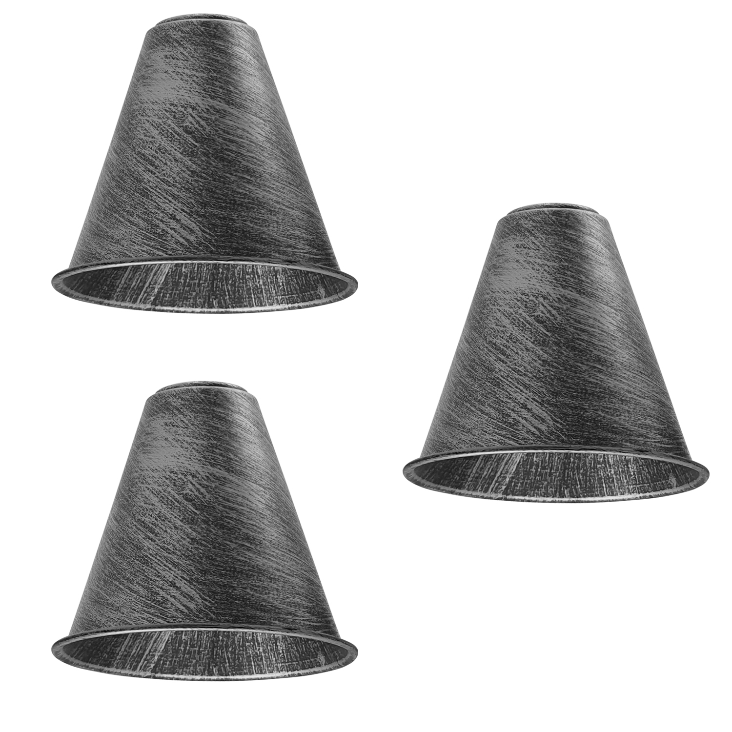 3 Pack Vintage Retro Industrial Metal Brushed Silver Cone Shape 18cm Shade Easy Fit  