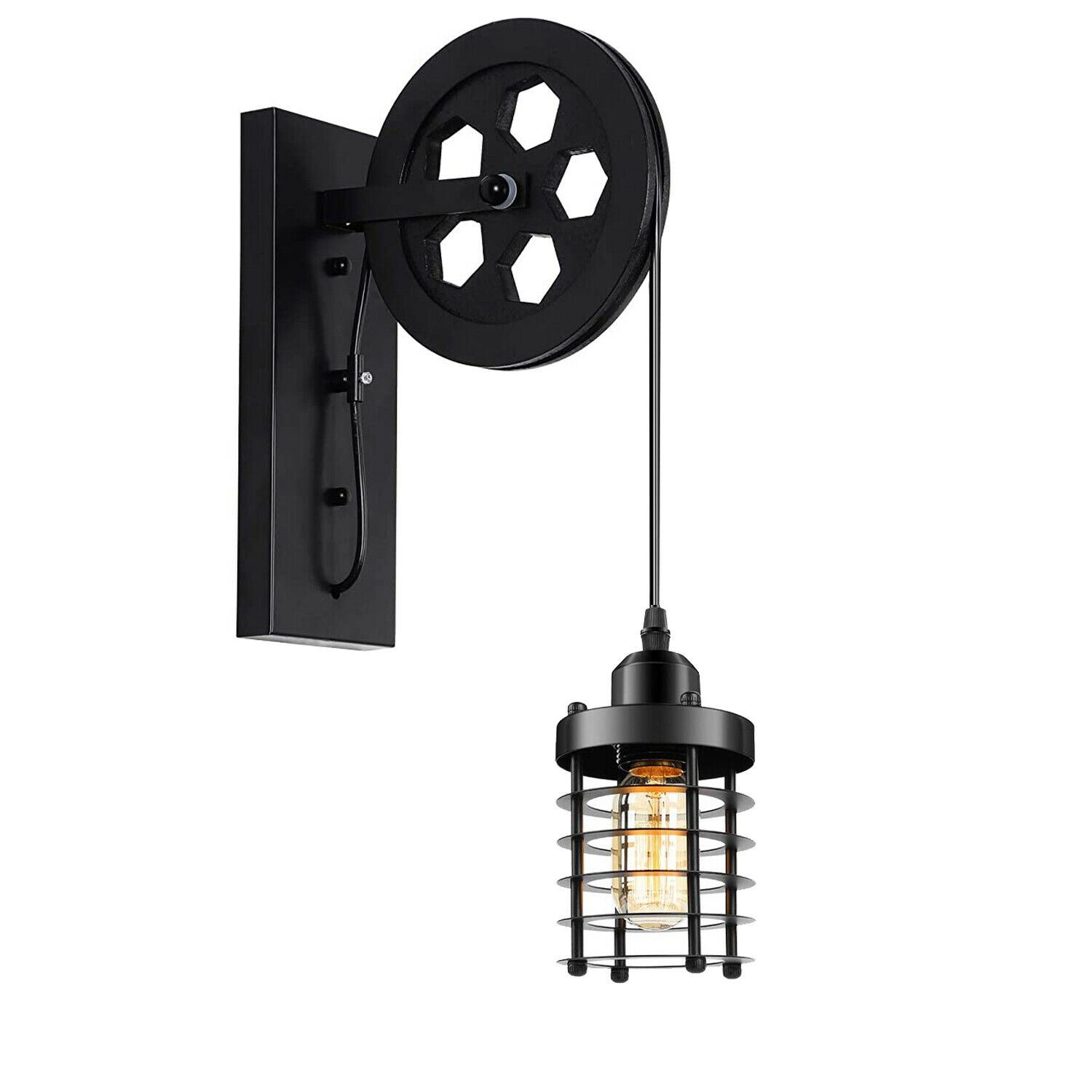 Vintage Industrial Pulley Wheel Wall Mounted Light Metal Cylinder Shape Shade 