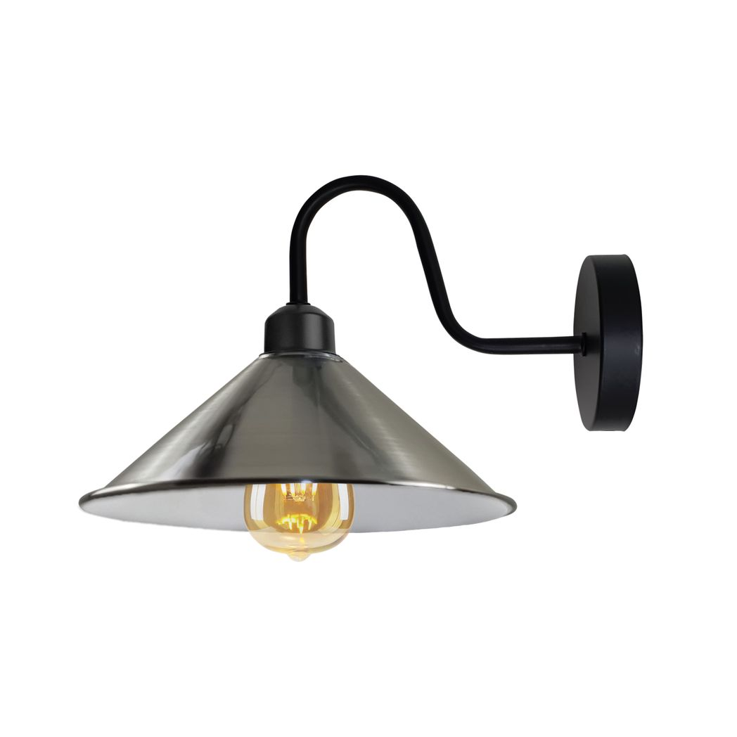 Satin Nickel Wall Light Fixture,Black Wall Sconce E27 Base Socket Screw Type Wall Mounted Swan Neck Cone Shape Shade 
