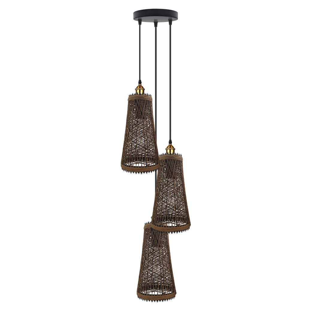 3 Head Natural Wicker Basket Style Retro Industrial Vintage Rattan Ceiling Pendant 