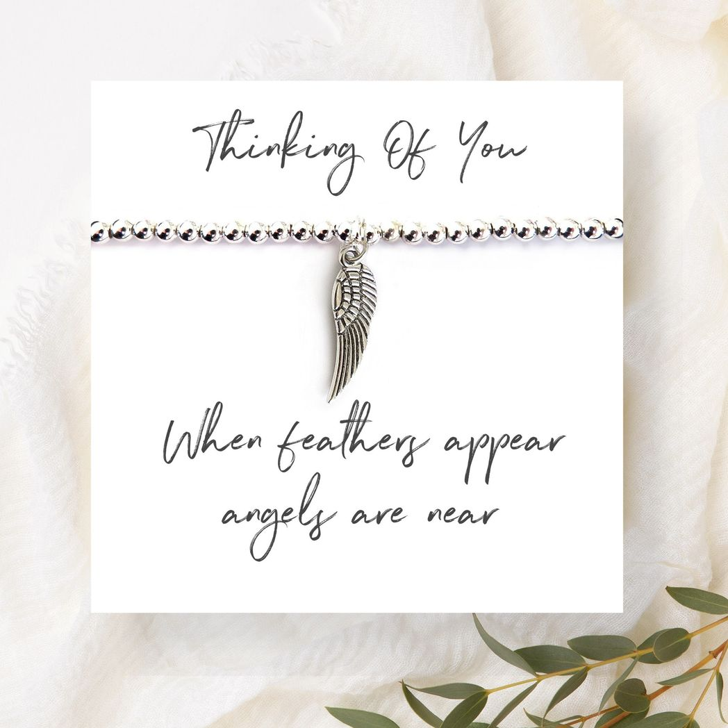 Angel Feather Silver Beaded Bracelet On Message Card