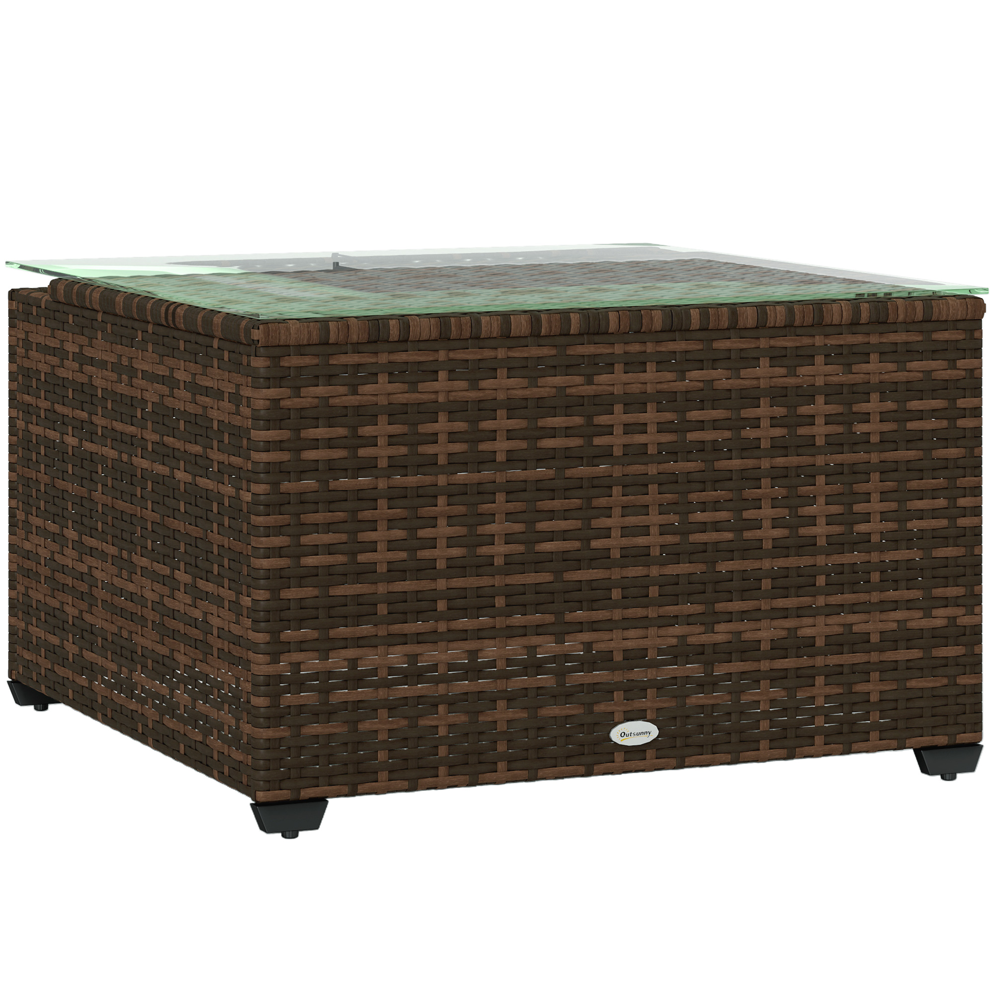 Outsunny Outdoor Coffee Table With Glass Top, Rattan Side Table, Brown