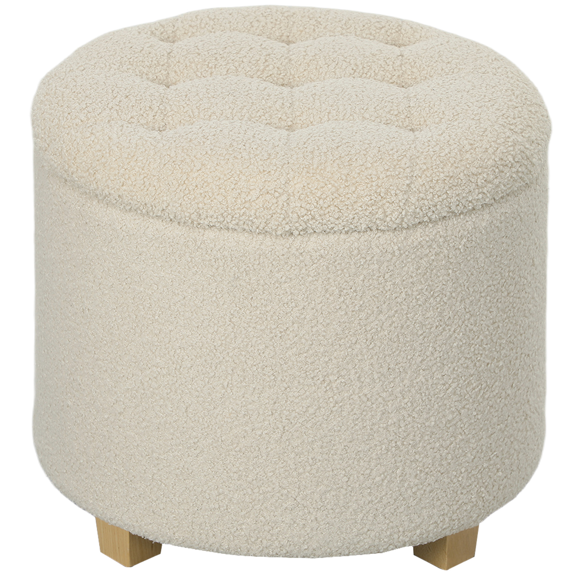HOMCOM Teddy Fleece Round Storage Ottoman - 31.8L Capacity, Cream White, 45cm Diameter