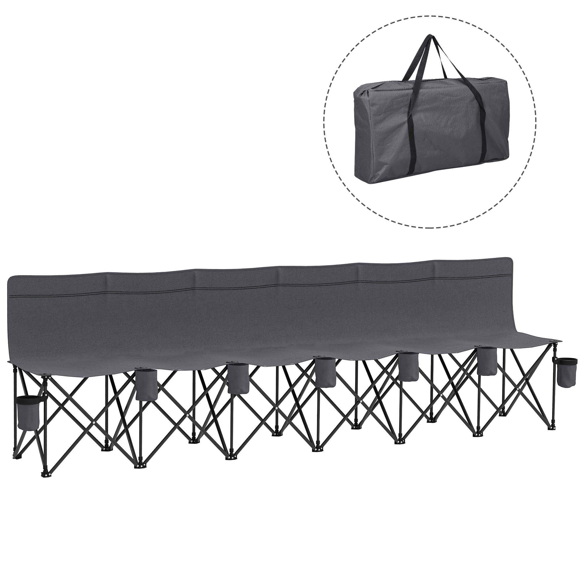 Outsunny 6 Seater Folding Bench Camping Chair With Cup Holder, Charcoal Grey