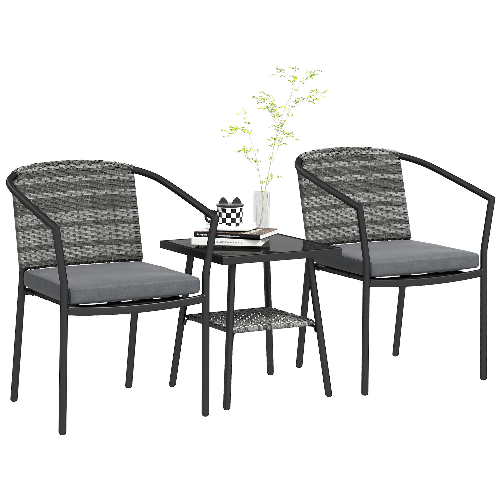 Outsunny 3 Pcs Rattan Bistro Set With Cushions Glass Top Coffee Table And Chairs