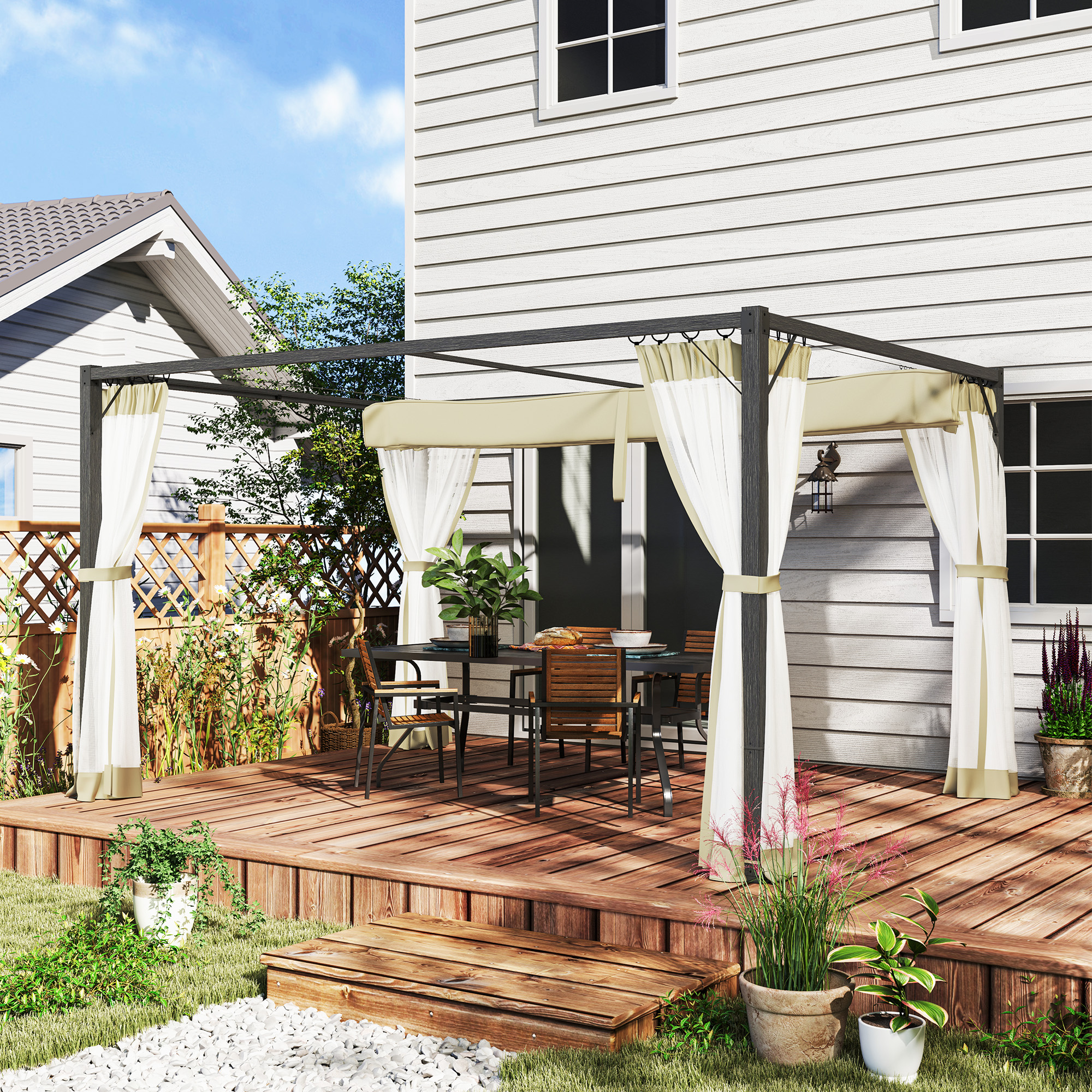 Retractable Khaki Canopy With Insect Netting For Outdoor Spaces