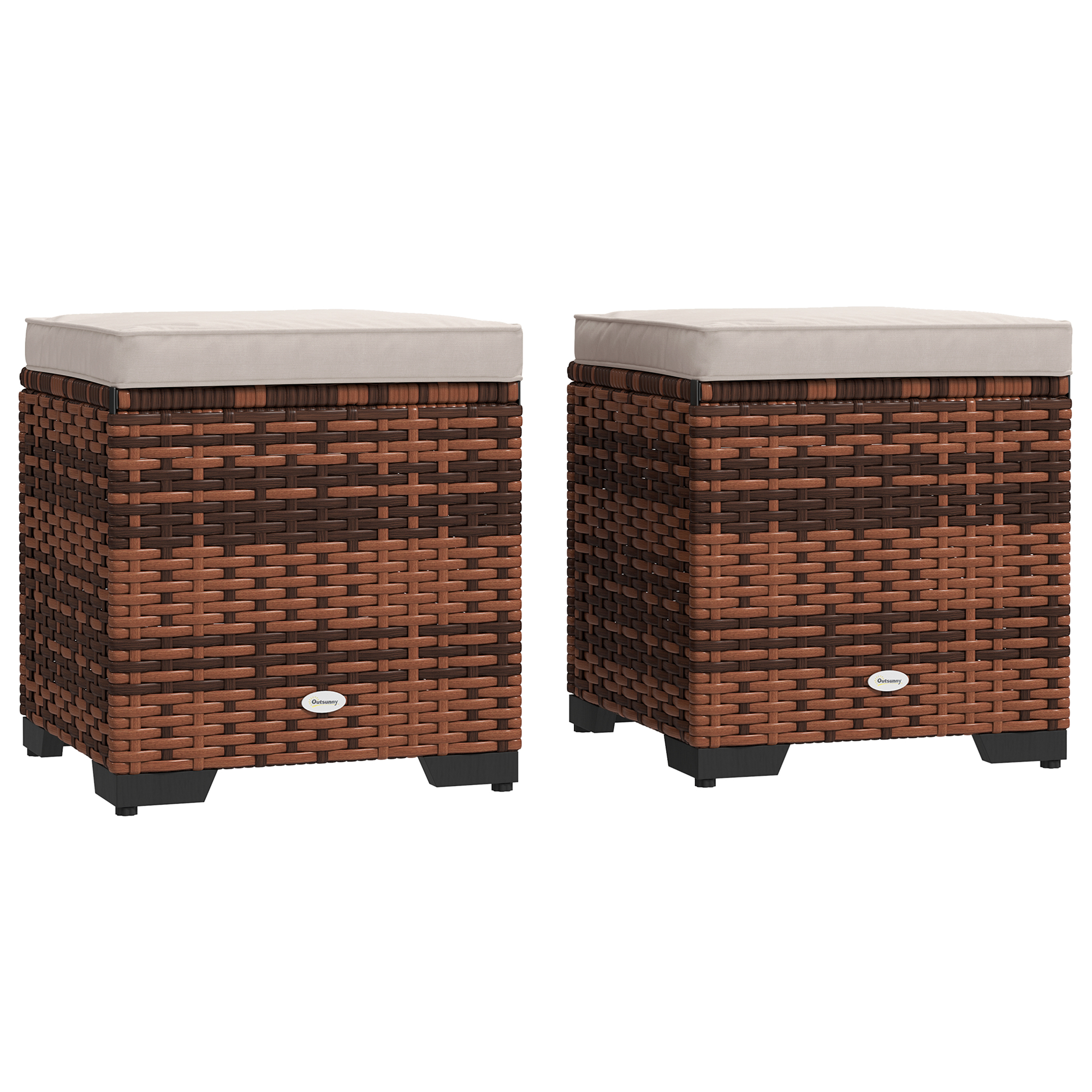 Outsunny Set Of 2 Rattan Footstool, Storage Ottoman W/ Cushions, Beige