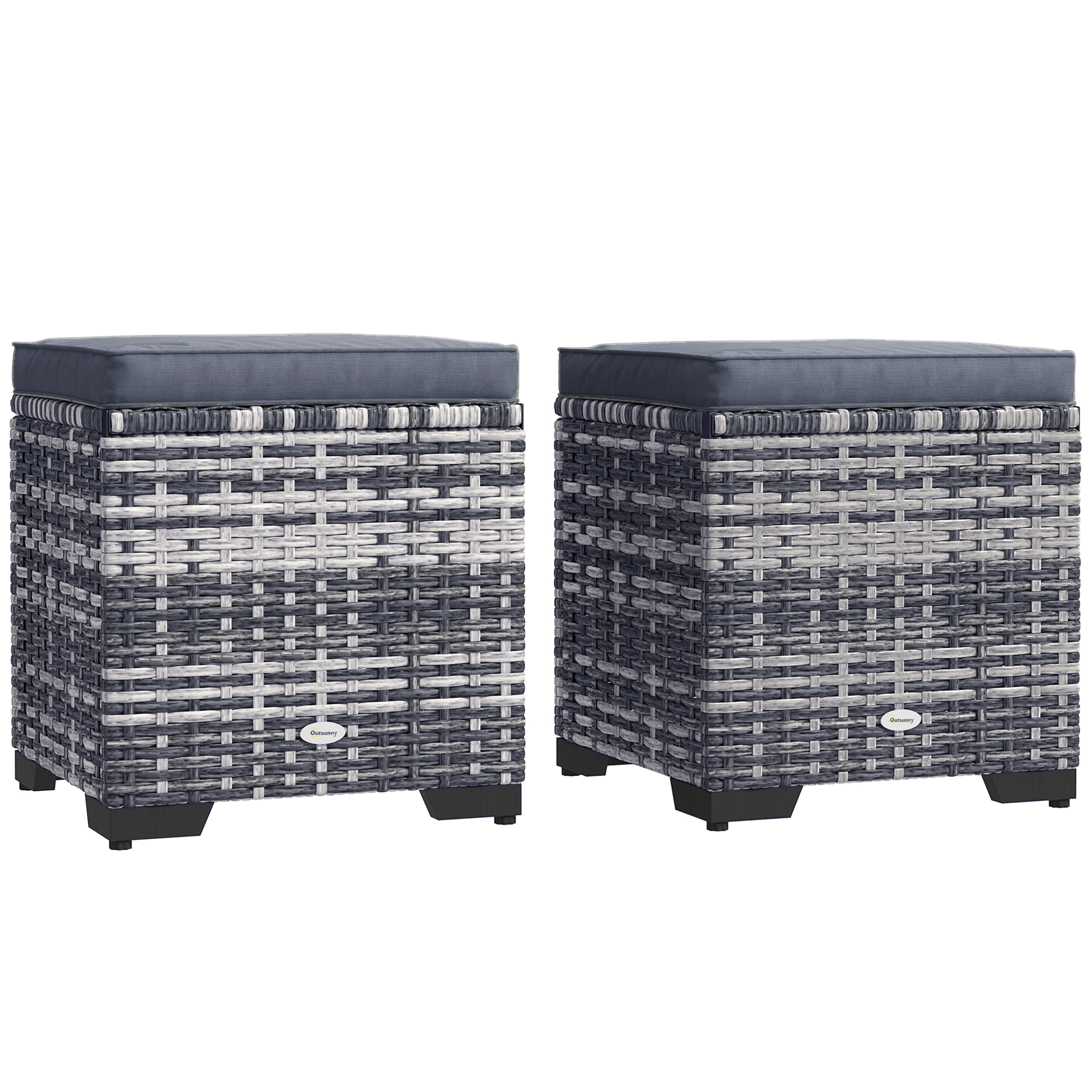 Outsunny Set Of 2 Rattan Footstool, Storage Ottoman W/ Cushions, Dark Grey