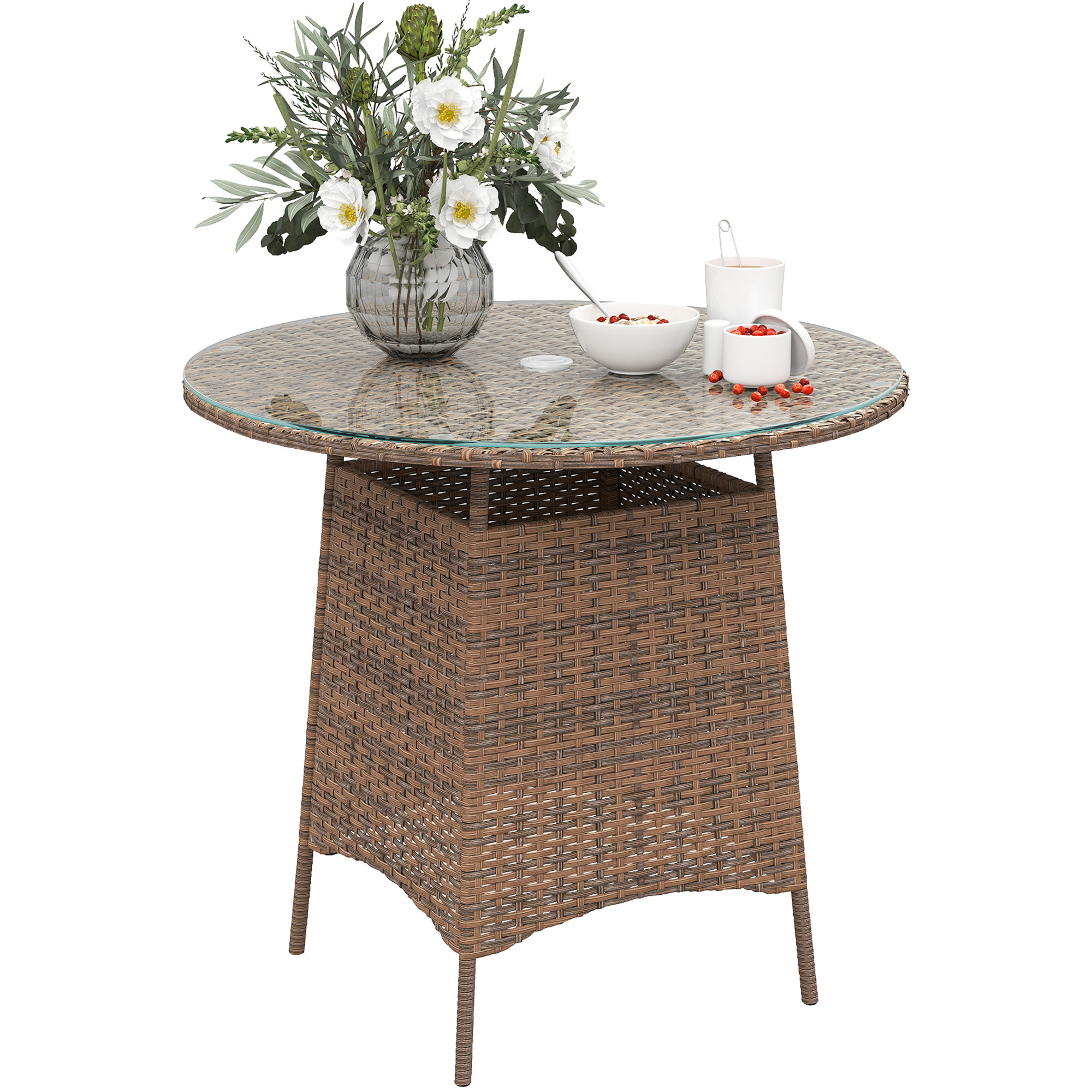 Outsunny Patio Furniture Rattan Garden Table With Umbrella Hole, Brown