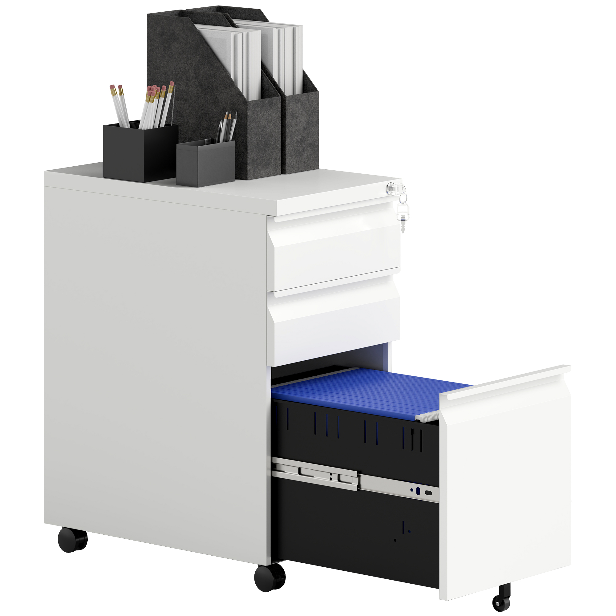 Vinsetto Steel File Cabinet With Lock And Wheels For Home Office, White