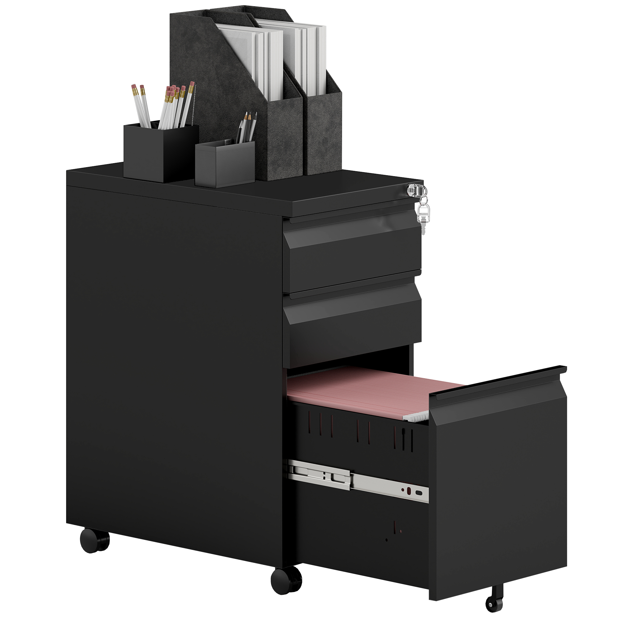 Vinsetto Steel File Cabinet With Lock And Wheels For Home Office, Black