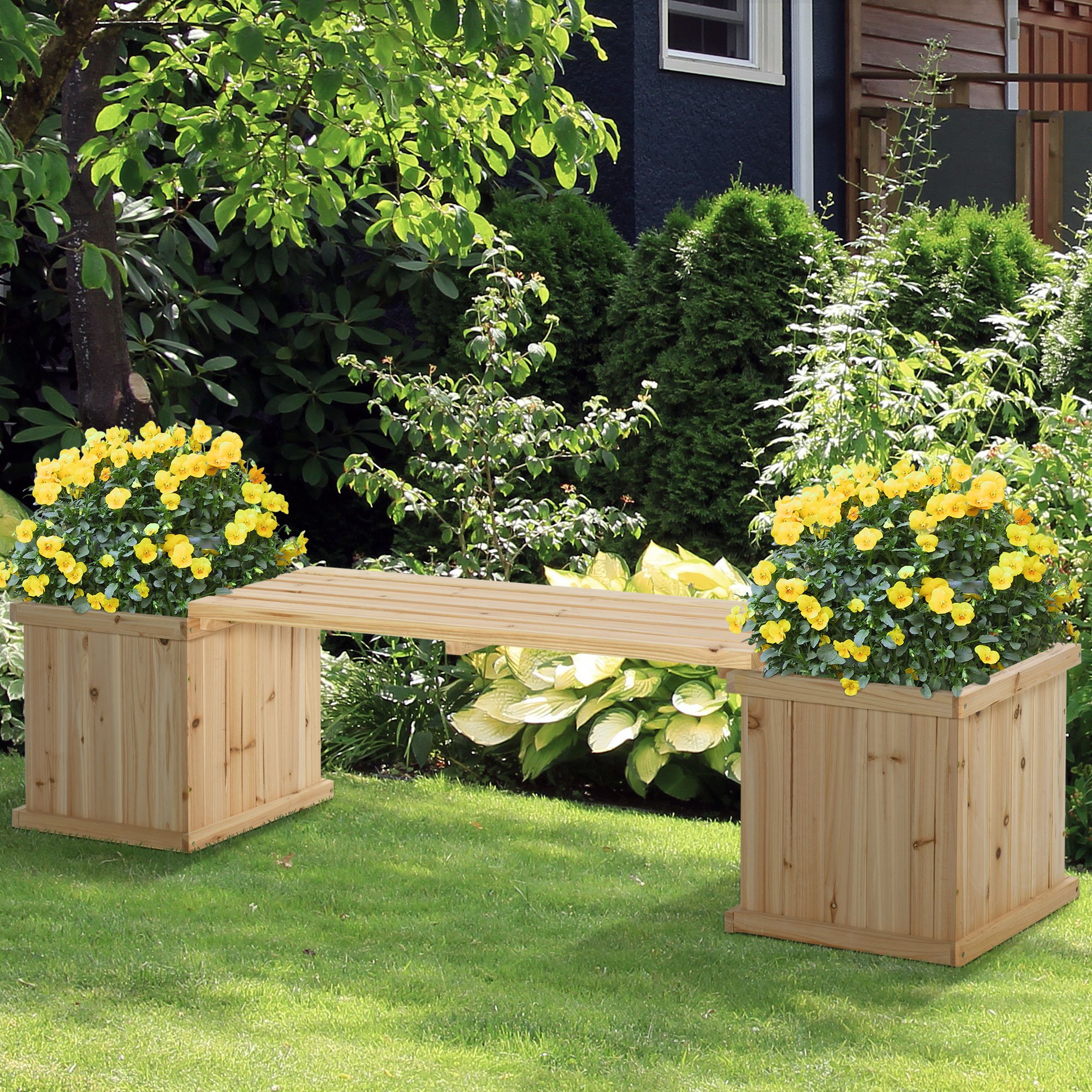 Wooden Garden Planter Bench Combination Garden Raised Bed Patio Park Grey 37L