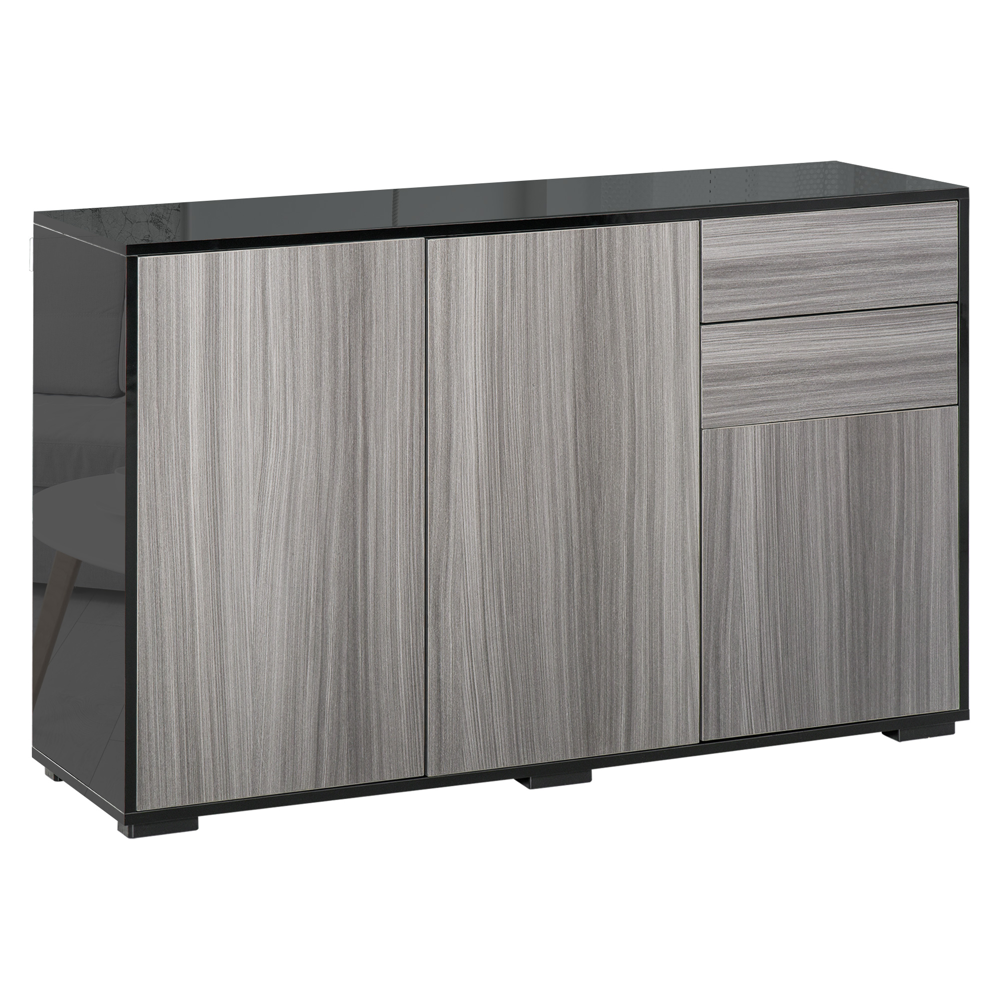 Homcom High Gloss Frame Side Cabinet With 2 Door And 2 Drawer, Grey Black - Image 2