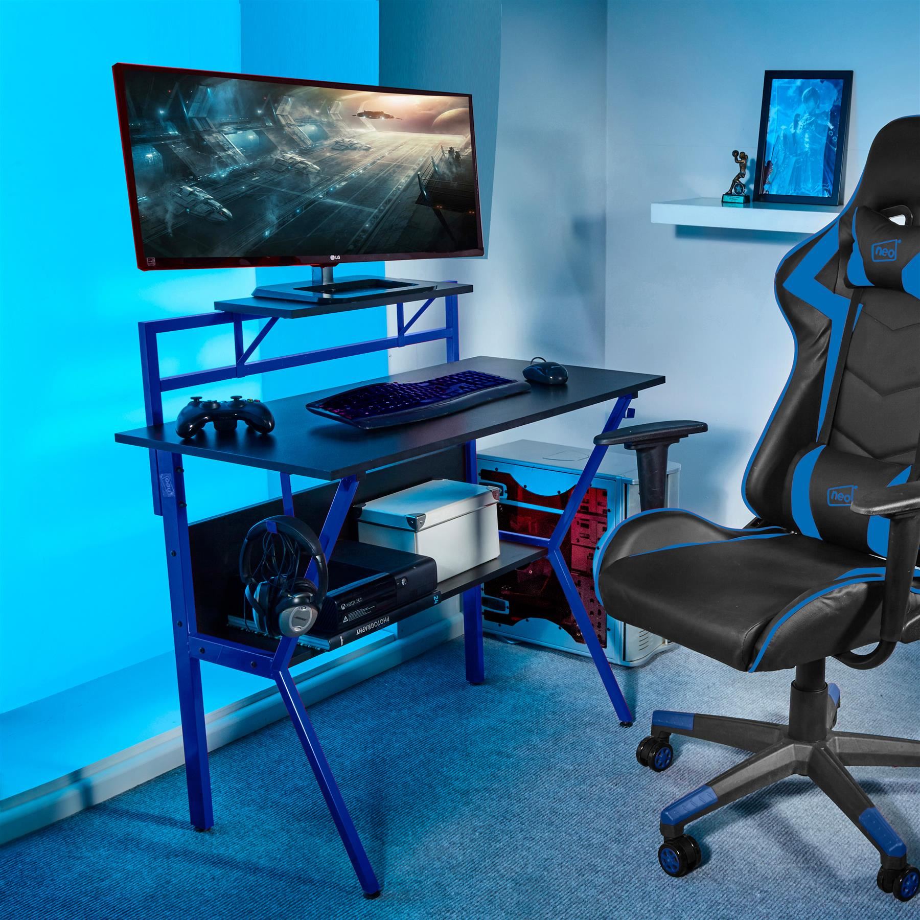 Ergonomic 2 Tier Gaming Desk - Blue 